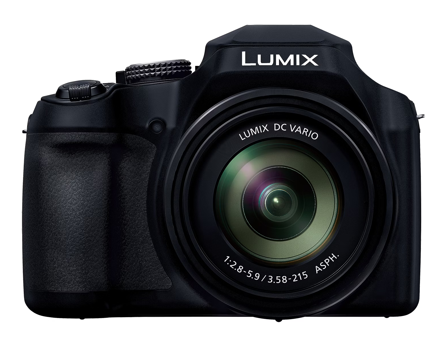 Schwarze Lumix Kamera mit großem Objektiv und verschiedenen Knöpfen und Rädern.
