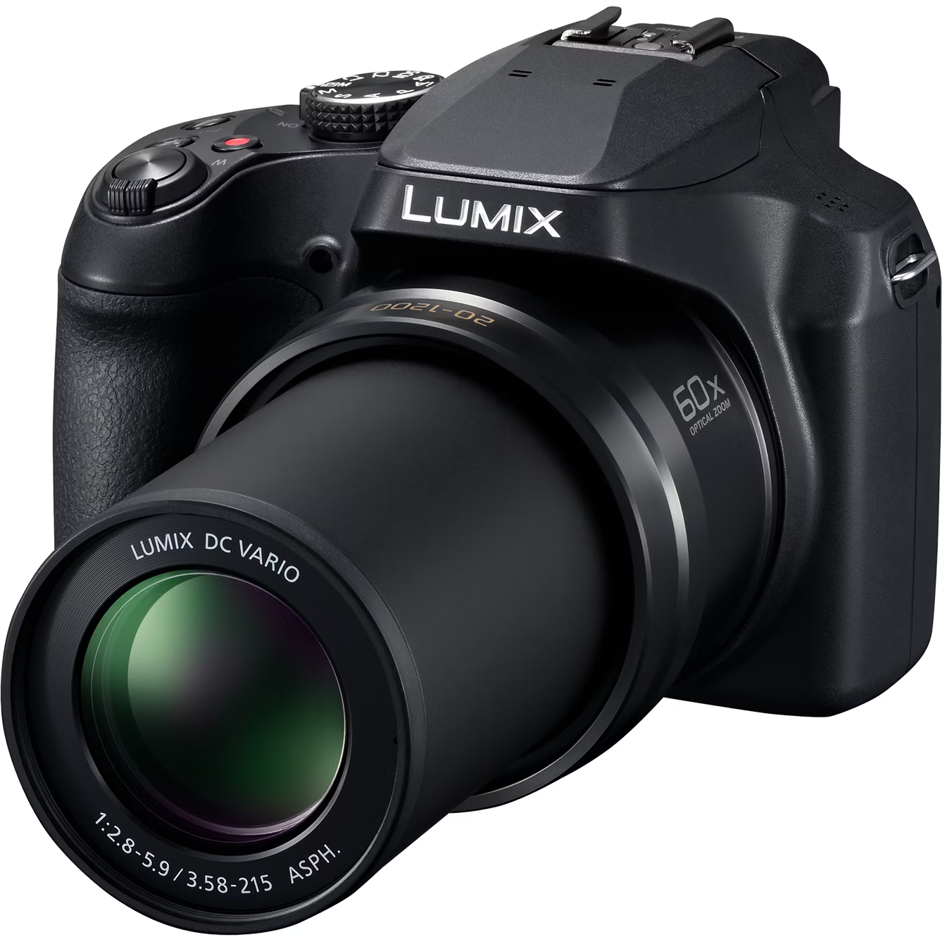 Schwarze Lumix-Kamera mit großem Objektiv und Zoomfunktionen, auf weißem Hintergrund.
