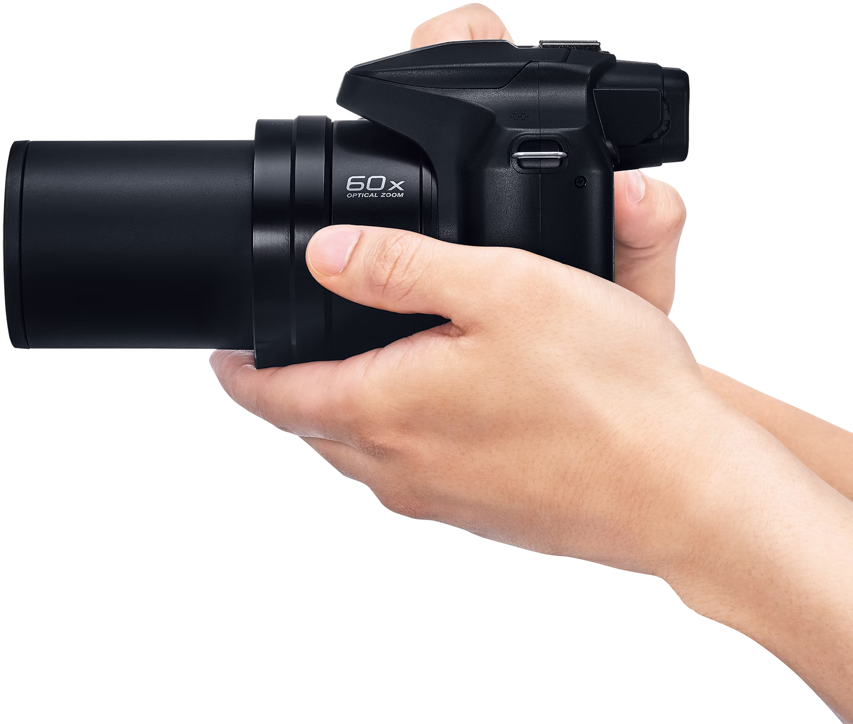 Hände halten eine schwarze Kamera mit langem Objektiv, die 60x optischen Zoom zeigt.