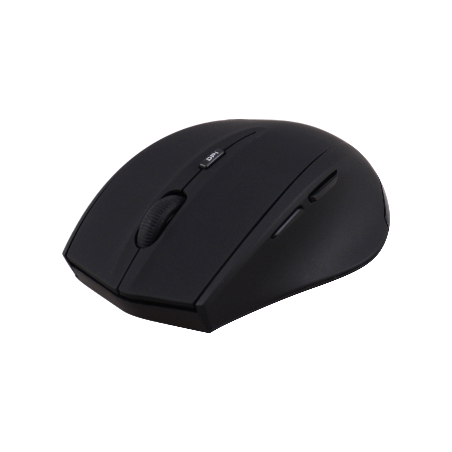 Souris sans fil noire avec molette et boutons latéraux. Design élégant.