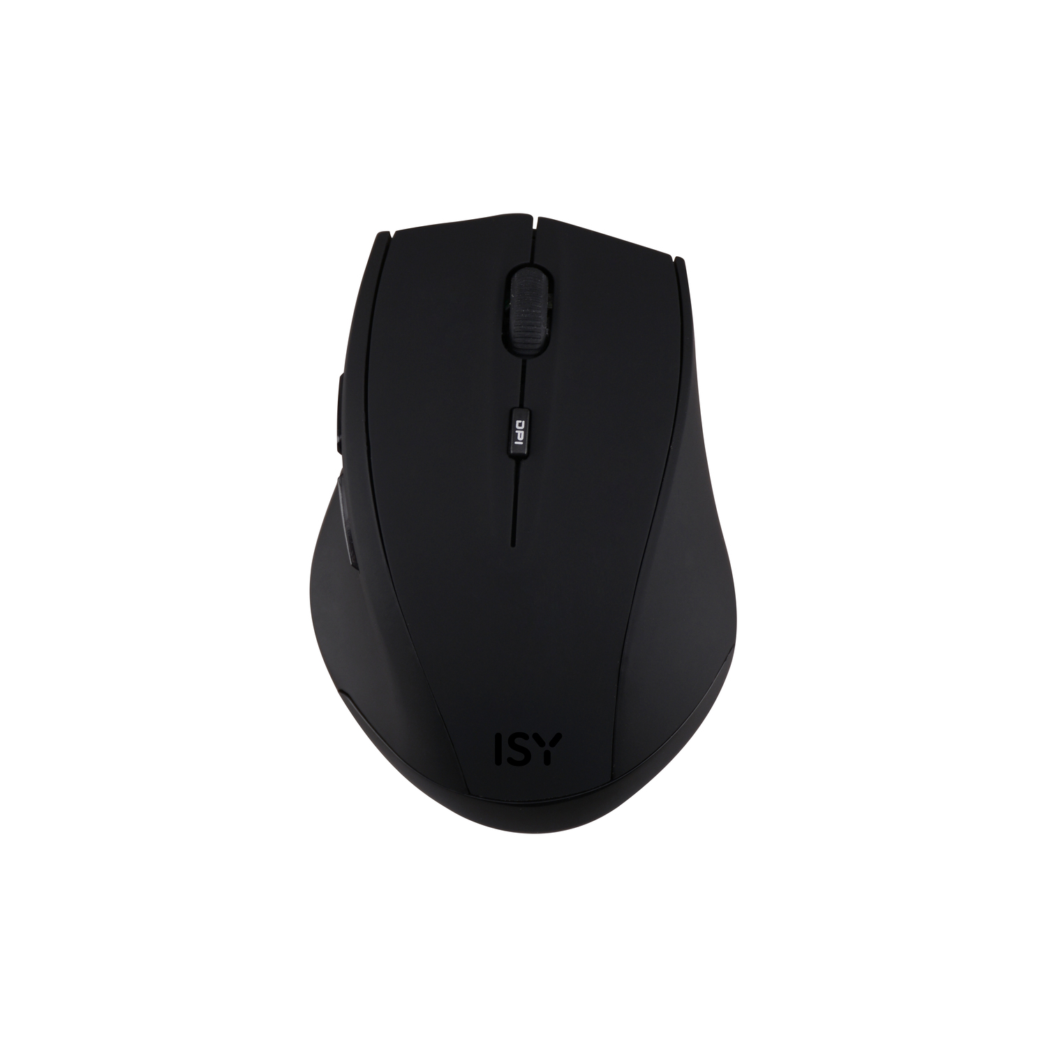 Une souris sans fil noire, vue de dessus. Elle a une molette de défilement, un bouton DPI et le logo ISY.