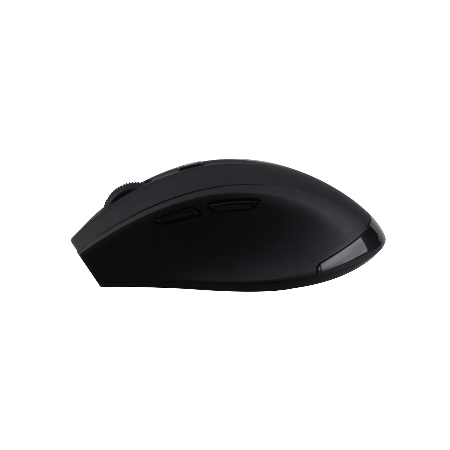 Une souris sans fil noire avec une molette de défilement et deux boutons sur fond blanc.