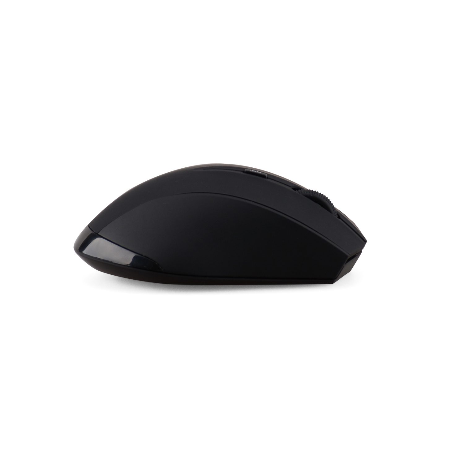 Une souris sans fil noire avec un design lisse et incurvé.