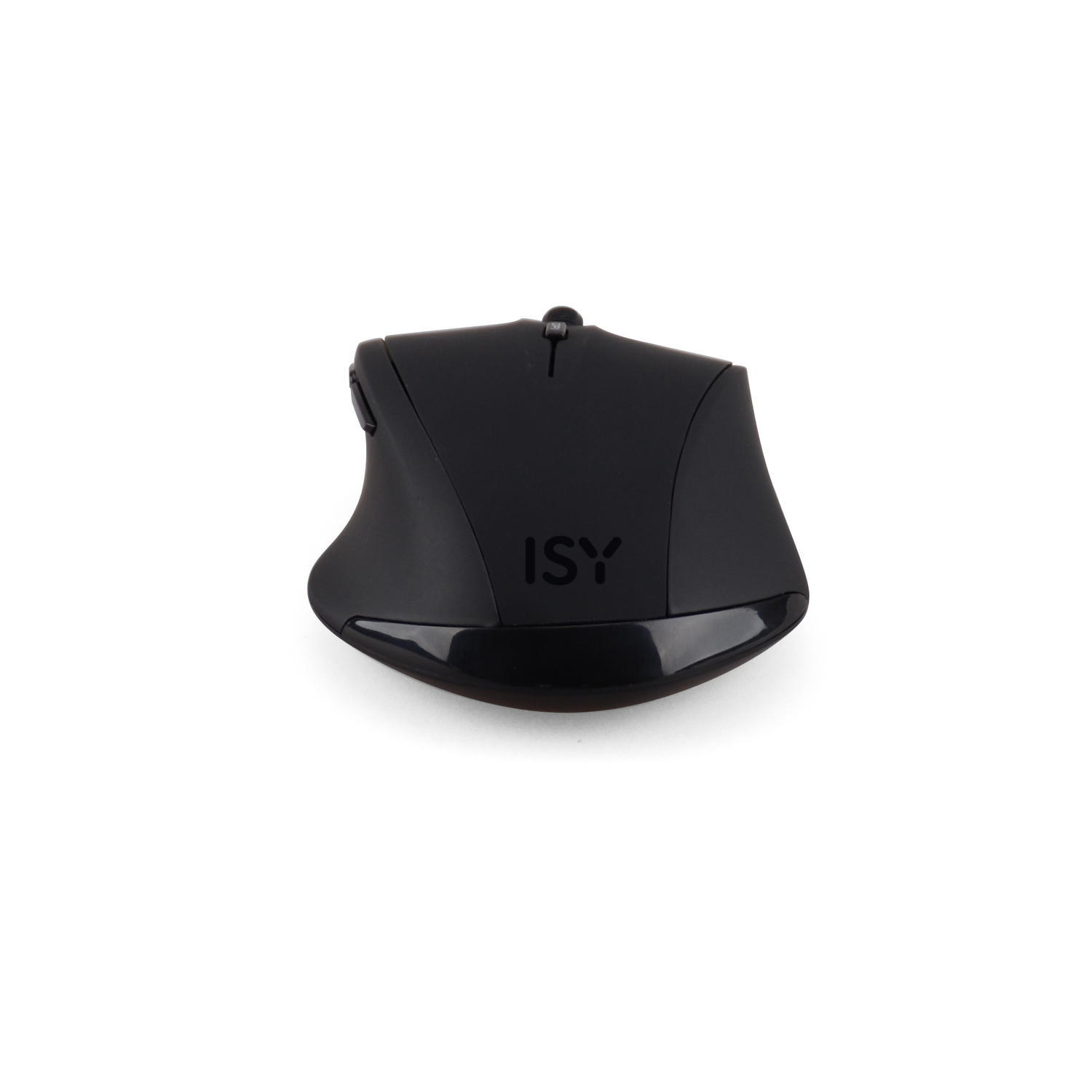 Une souris d'ordinateur ISY noire sur une surface blanche, vue de dessus.