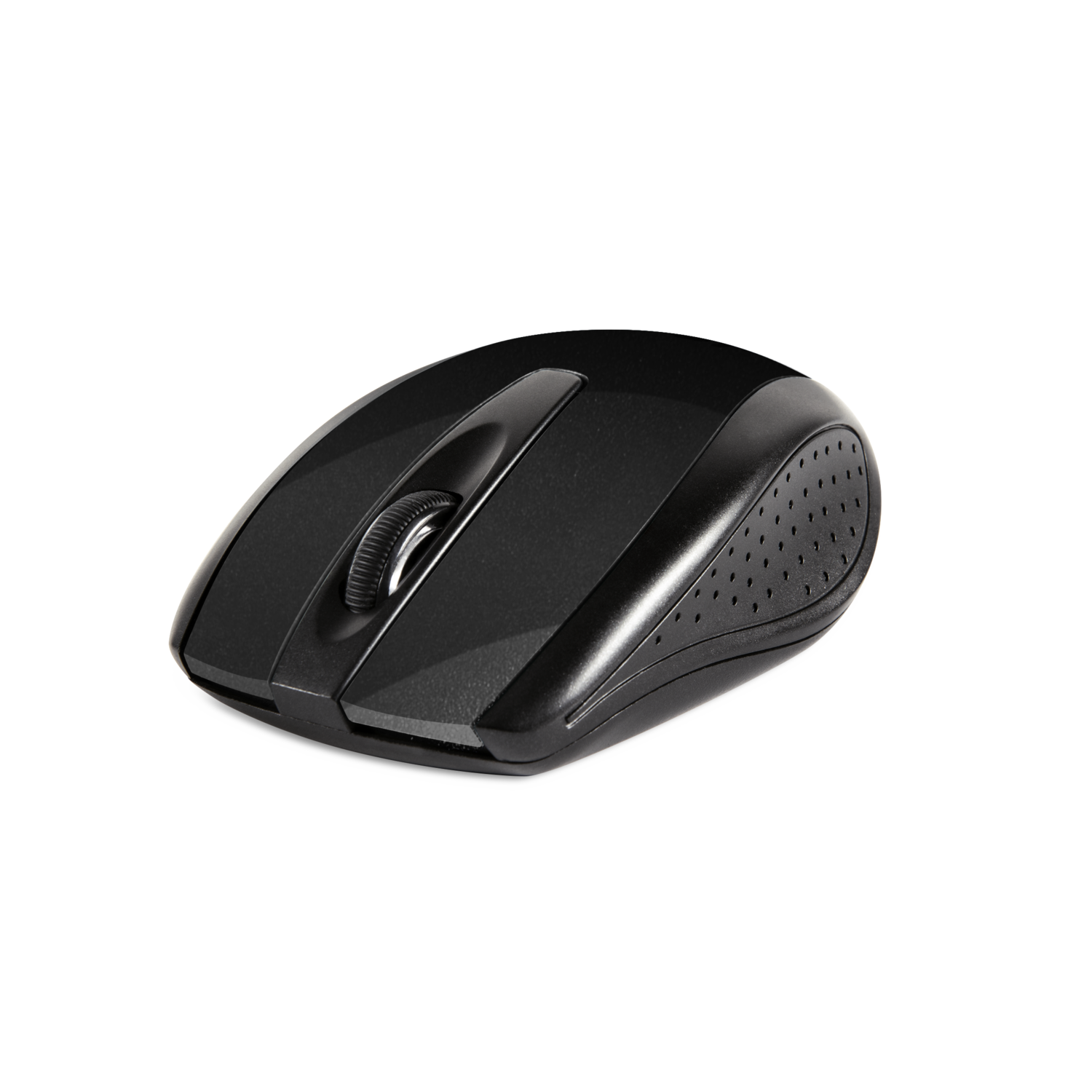 Zwarte draadloze muis, met scrollwiel en zijgrip, geïsoleerd op zwarte achtergrond.