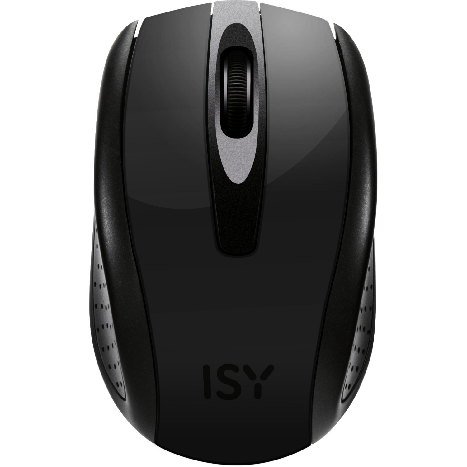 Een zwarte ISY computermuis. Het heeft een scrollwiel en een glanzende afwerking. Het ISY-logo is zichtbaar.
