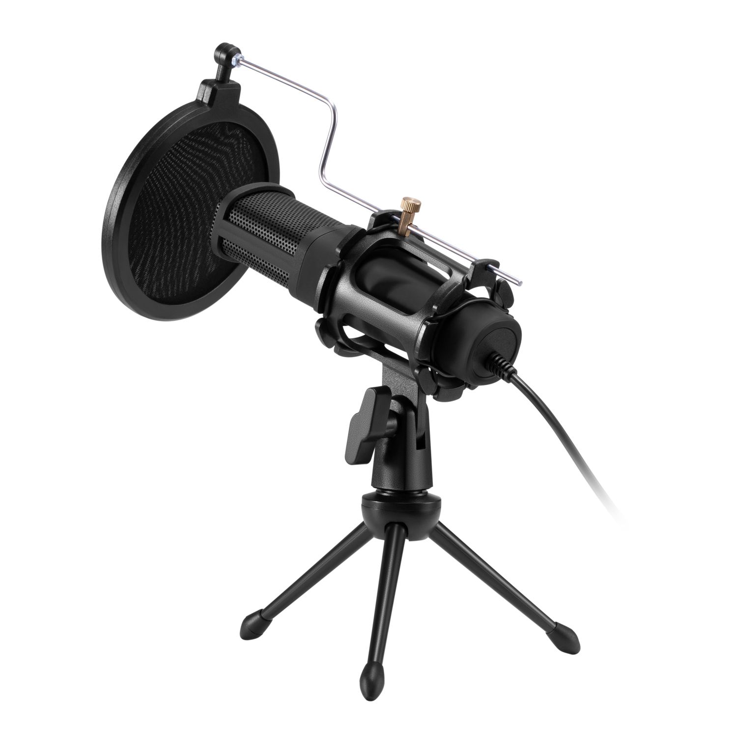 Black microphone with pop filter on a small tripod. White background.