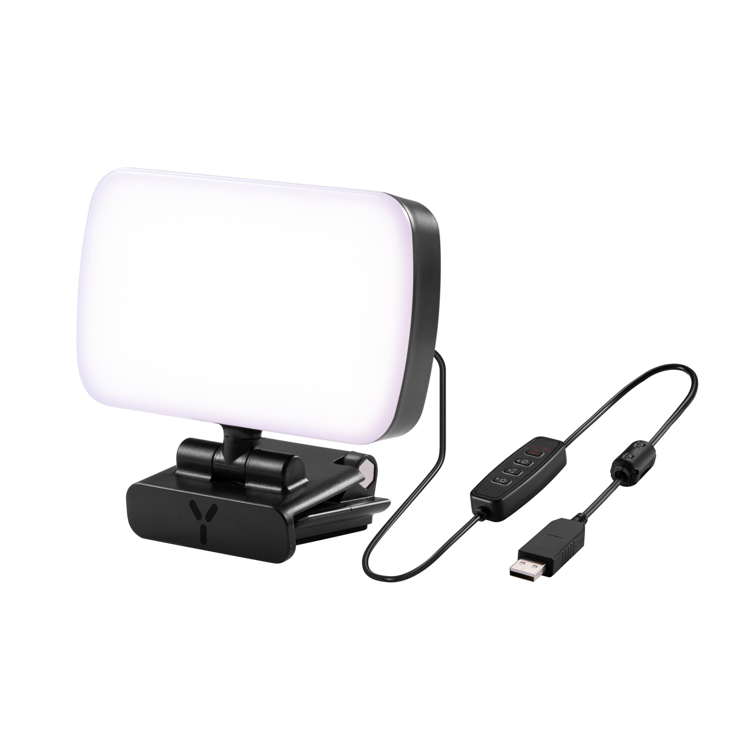 Black and white LED light, with a USB cable and a control panel.