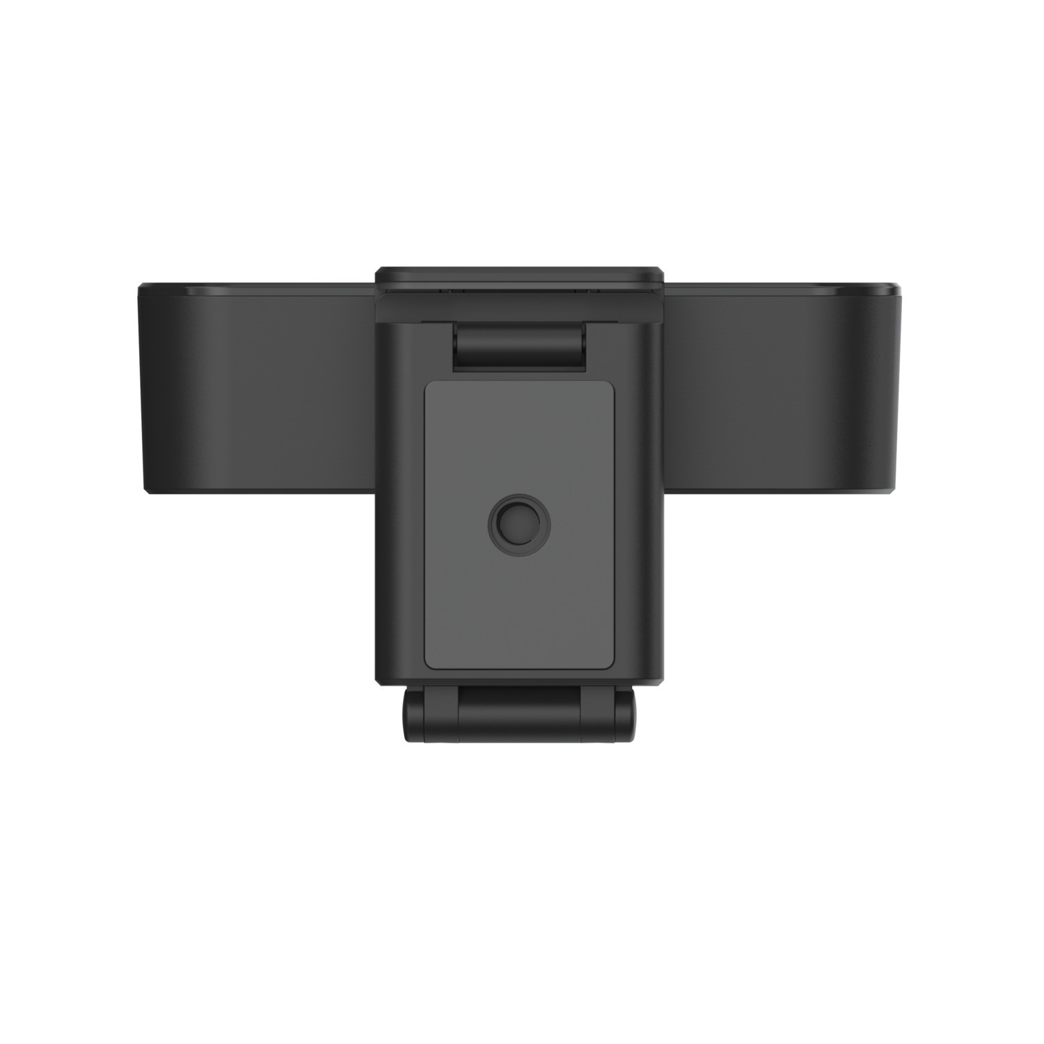 Une webcam noire de forme rectangulaire, deux ailes latérales et un support central.