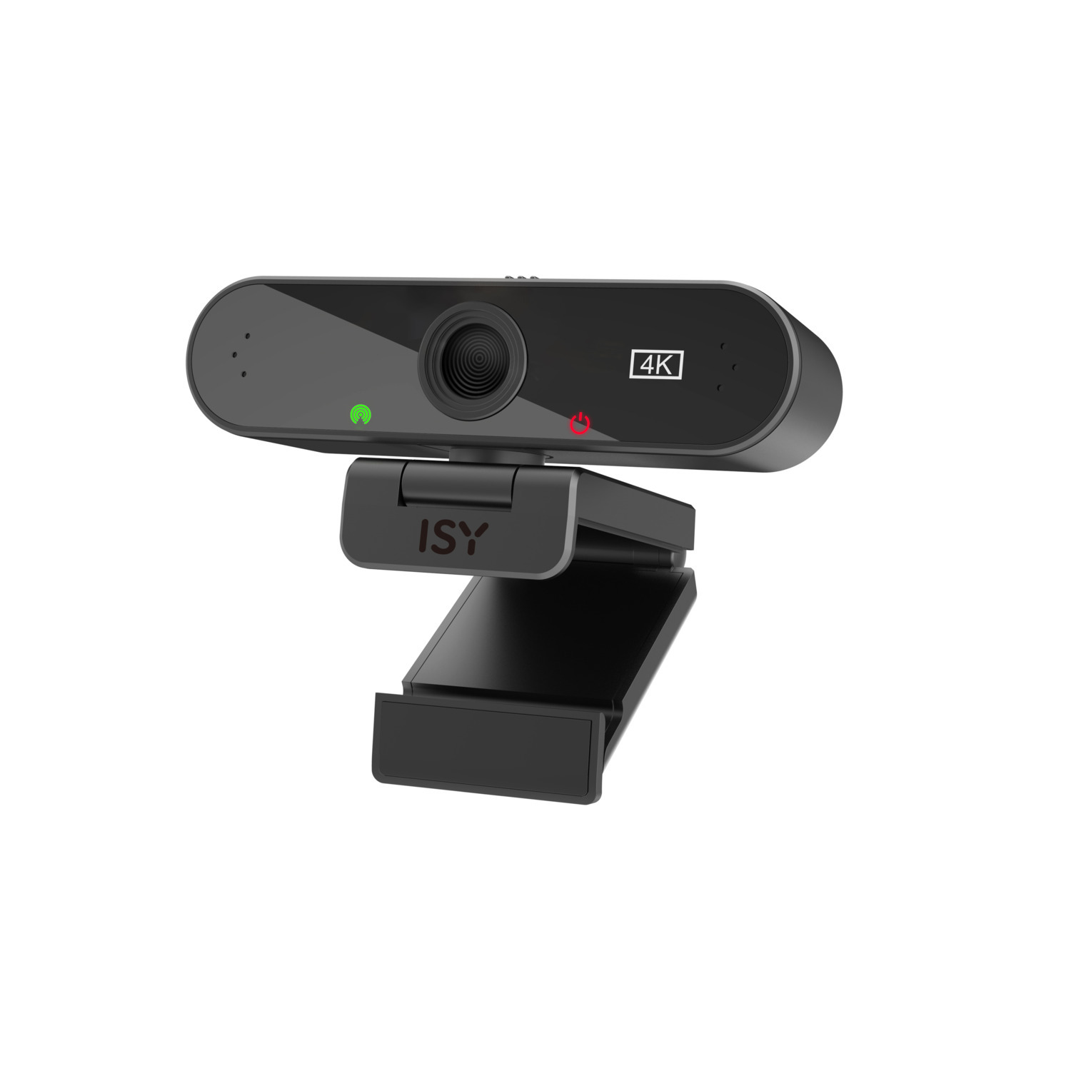 Une webcam 4K noire, avec un objectif et des LED d'état, montée sur un support noir réglable.