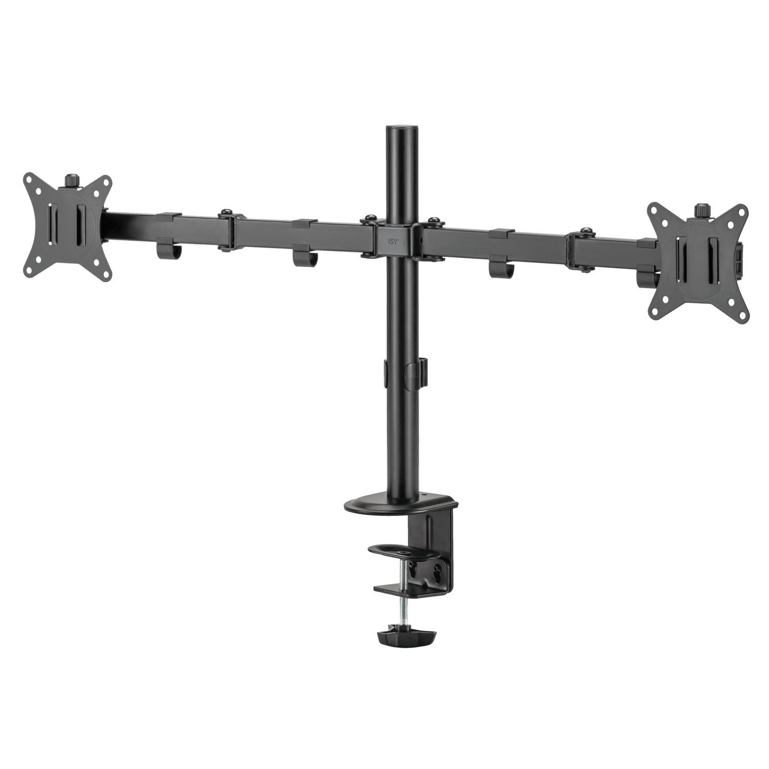 Support de moniteur noir avec deux supports. Il a une pince et un poteau central.