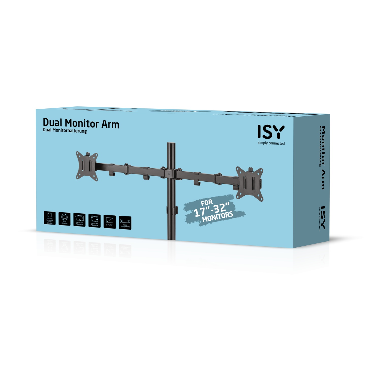 Boîte avec un bras double moniteur. Texte: 'Pour moniteurs 17"-32". Logo ISY en haut à droite.