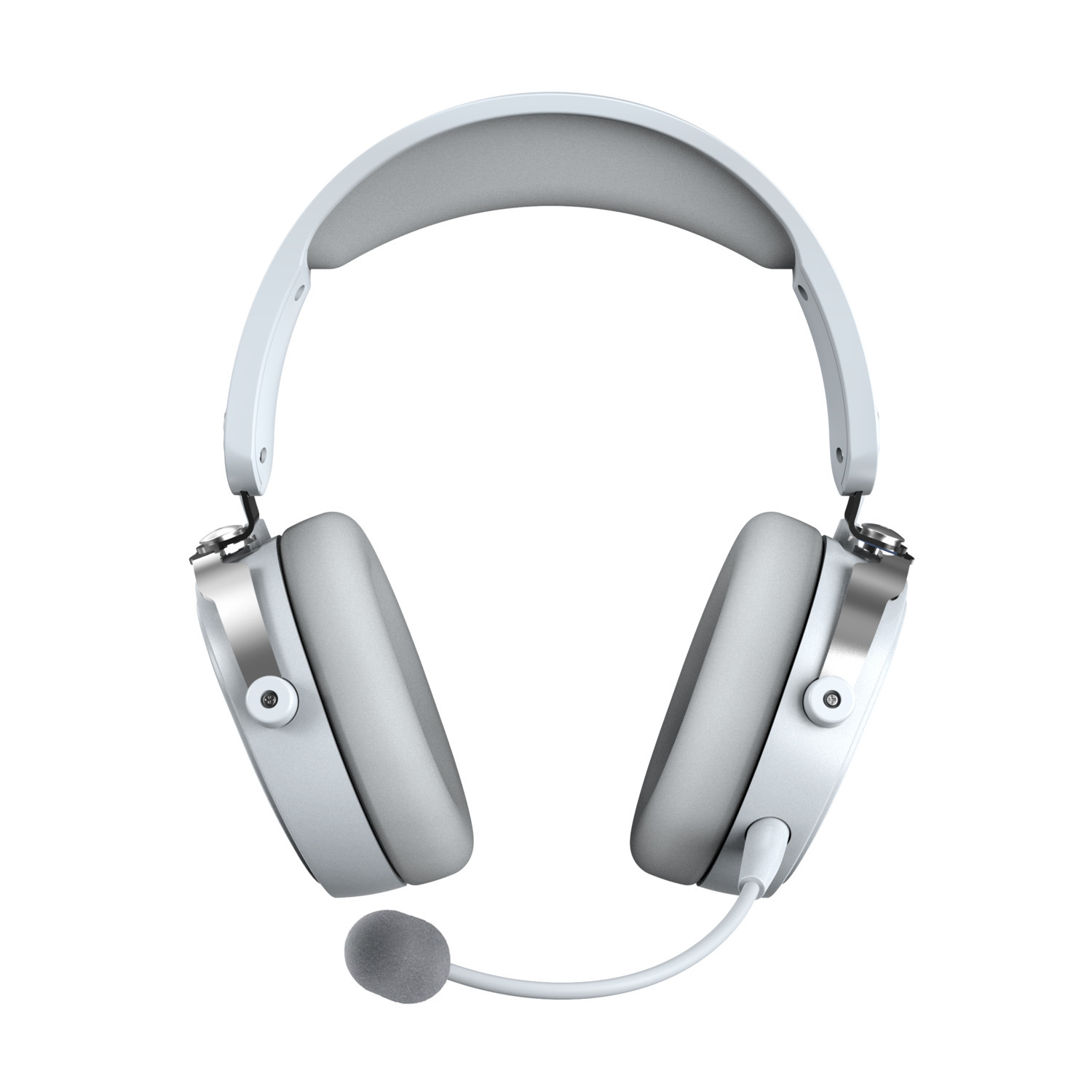 White headphones with a microphone on a white background, top view.