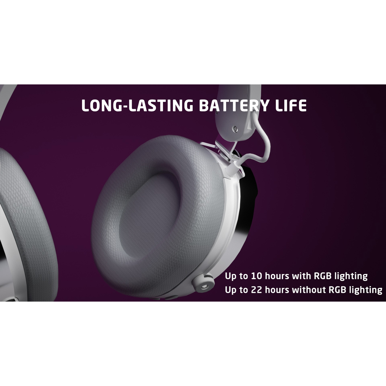 White headphones with gray earcups, text over a purple background. 