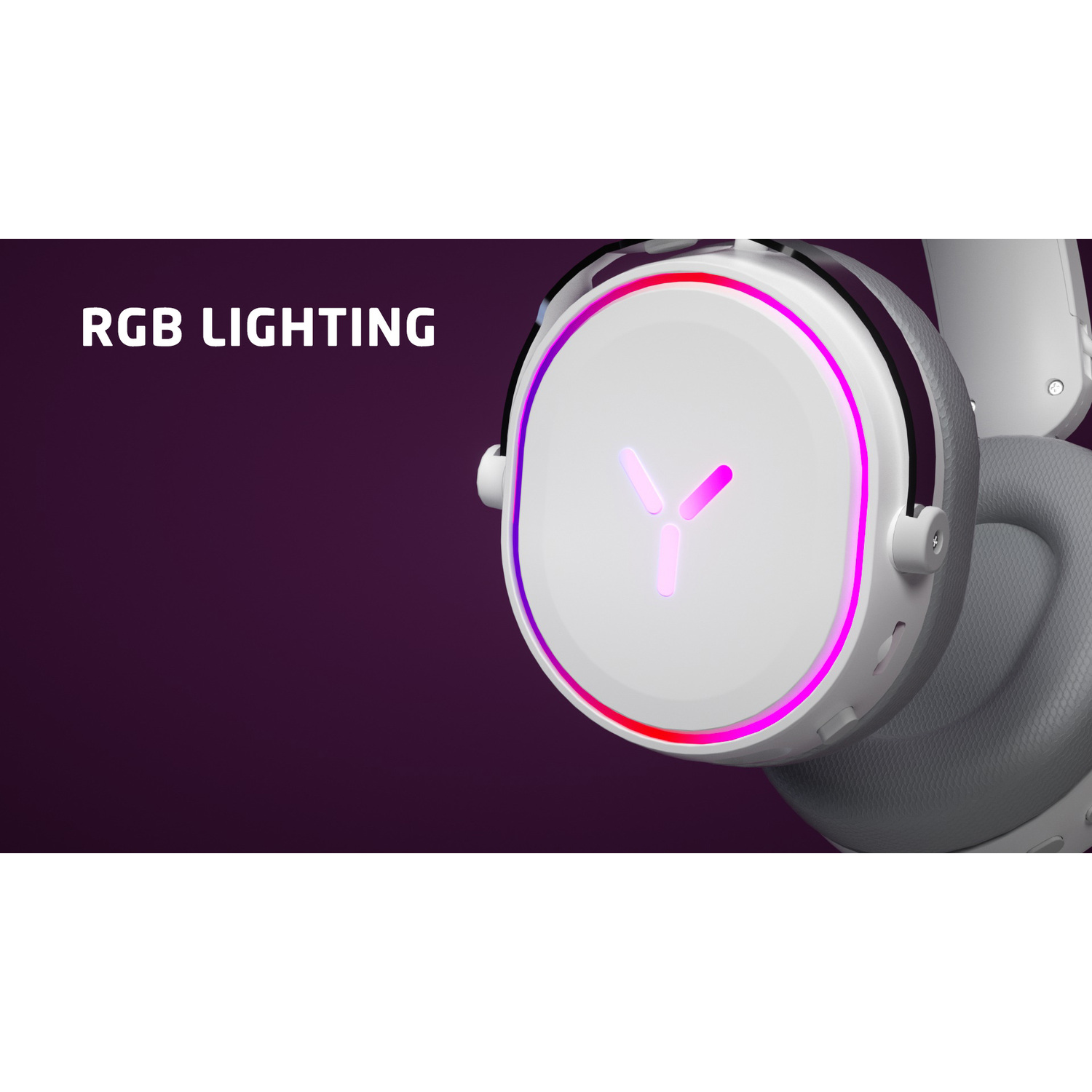 White and gray headphones with RGB lighting. The center logo glows. Purple background.