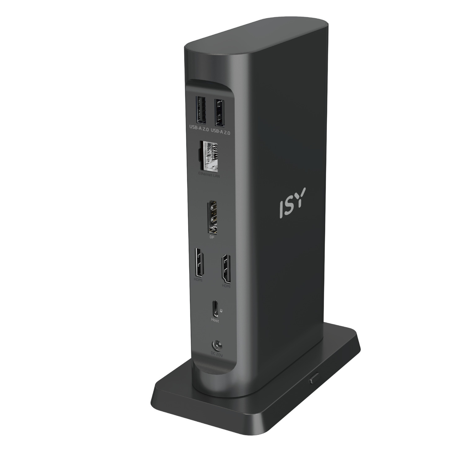 Une station d'accueil ISY noire avec plusieurs ports. Elle se dresse sur une base noire.