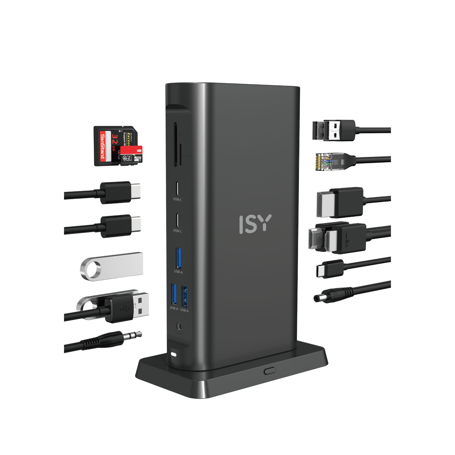 Station d'accueil ISY noire avec divers ports, dont USB, HDMI et lecteur de carte. Câbles attachés.