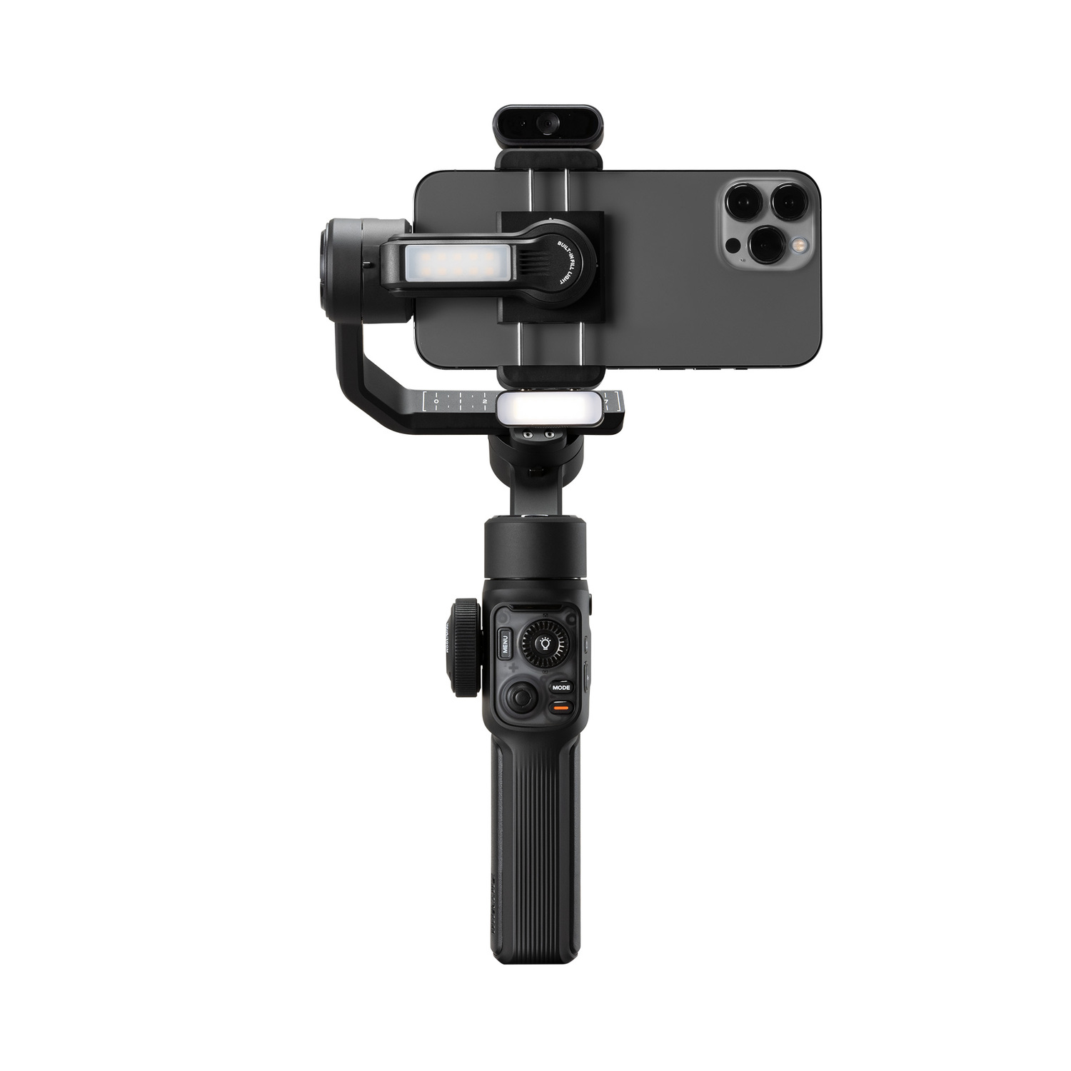 A black phone stabilizer with a smartphone attached. A light and controls are visible.