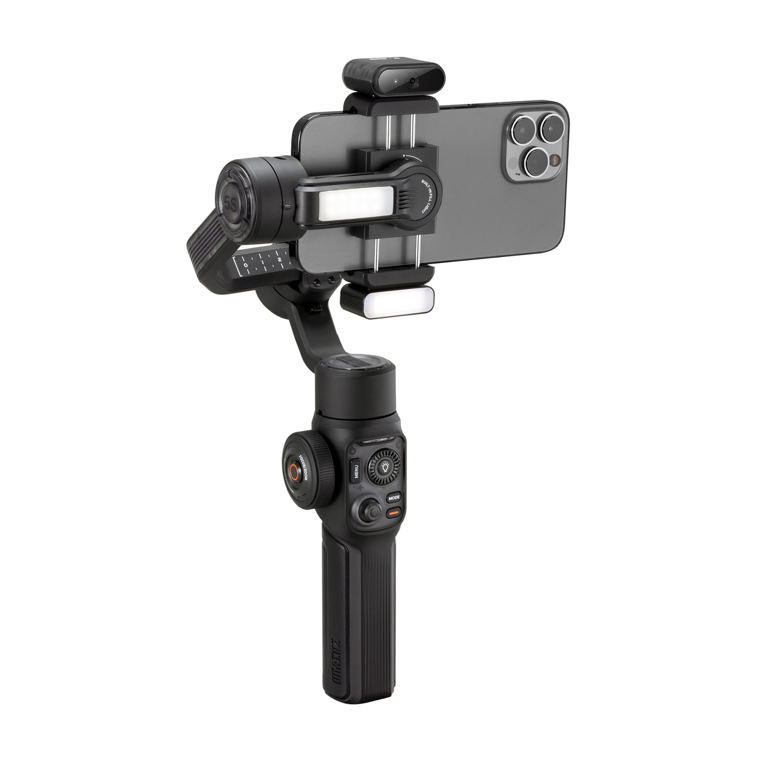 Black smartphone stabilizer with phone attached. Includes a small light and microphone on top.