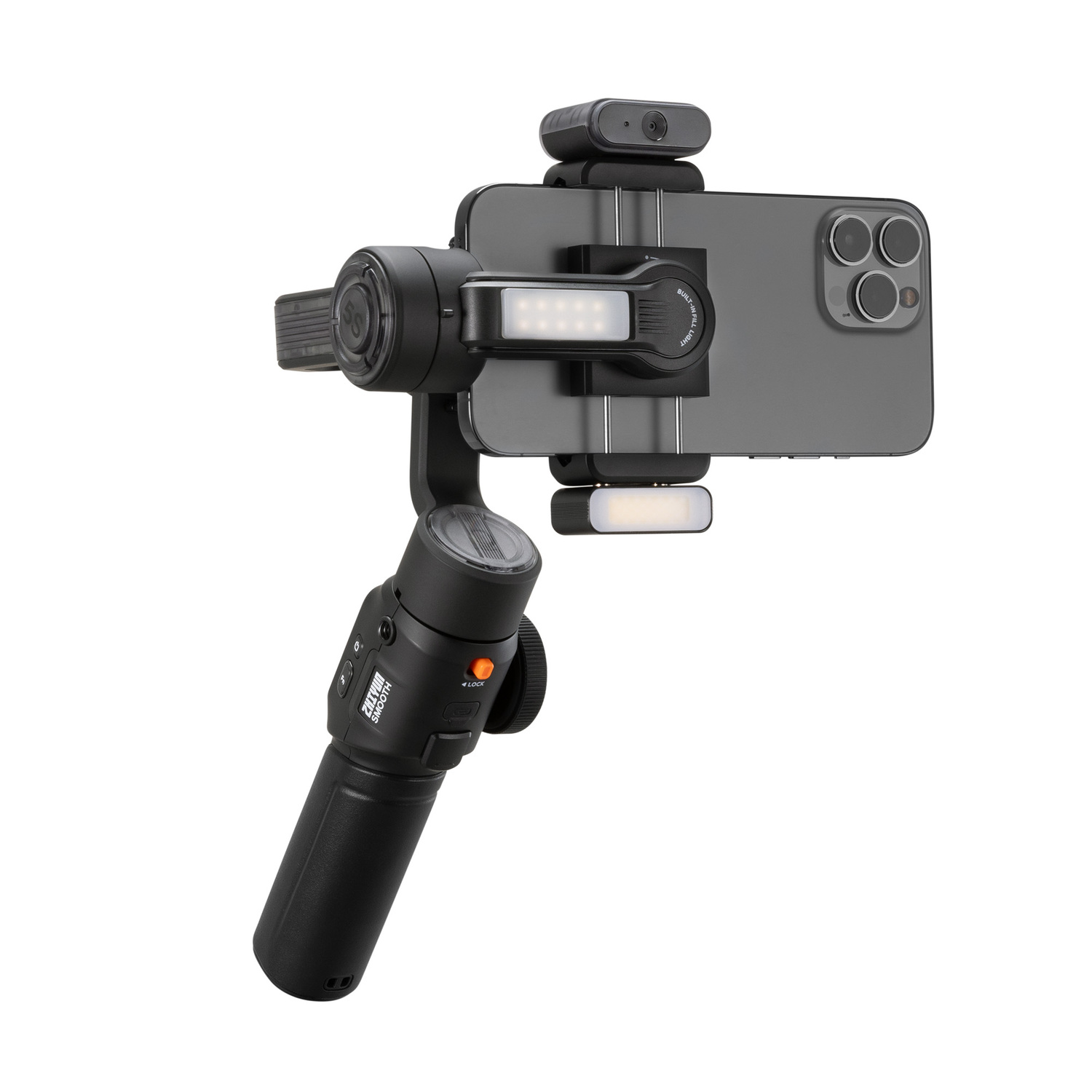 Camera stabilizer with phone. Lights attached. Black handle with buttons.