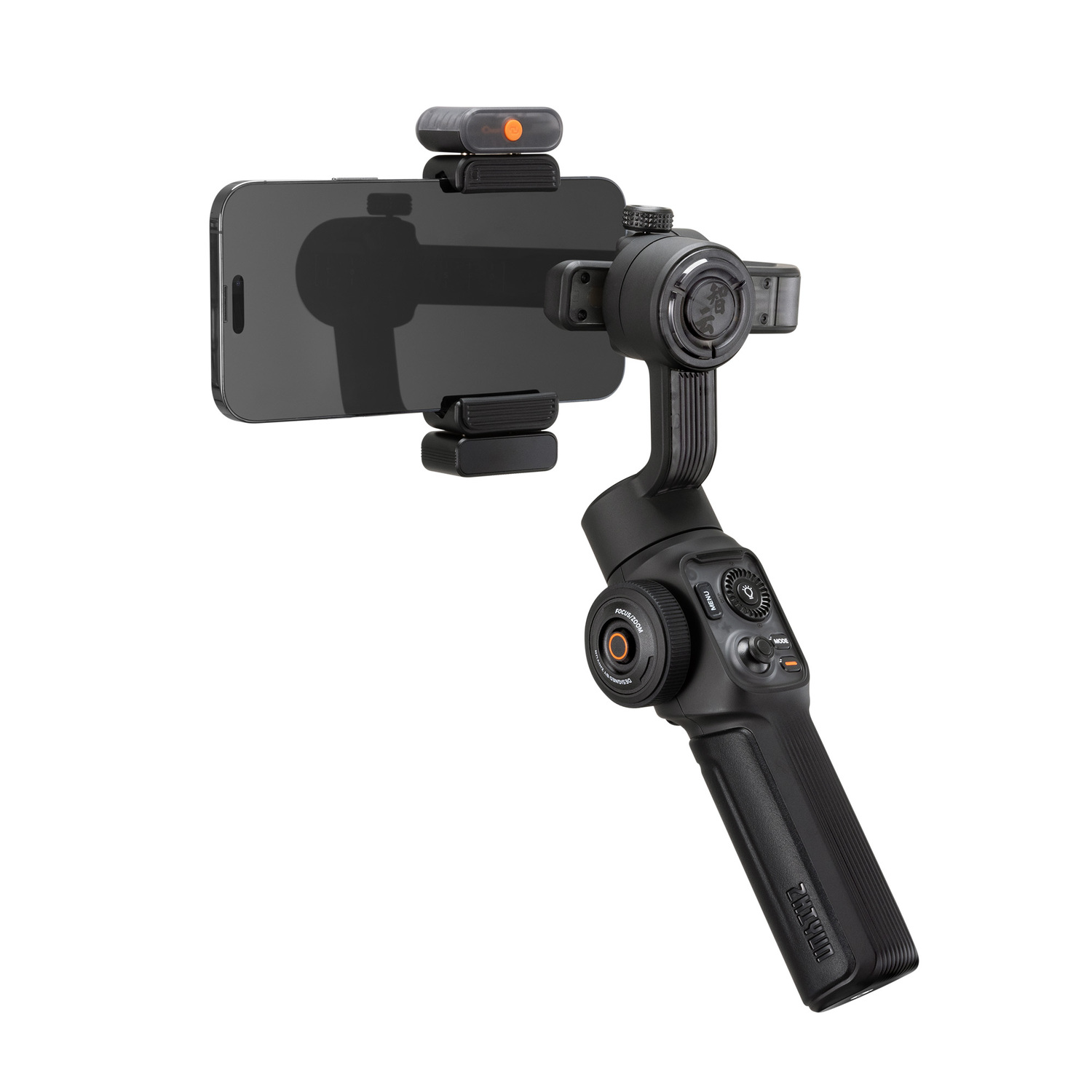 Black smartphone stabilizer with phone attached. Has a small light and orange-colored knob on it.