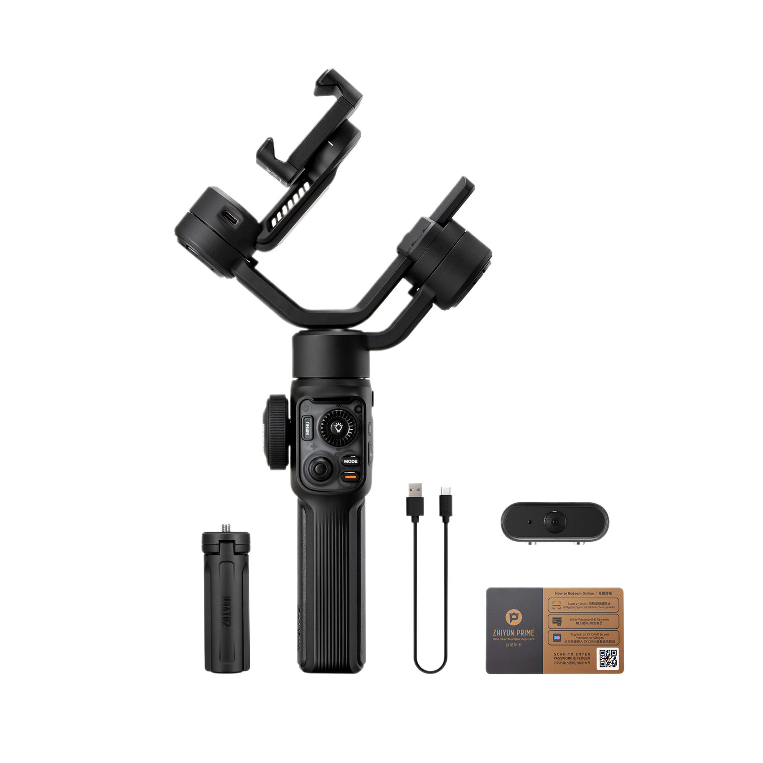 Stabilisateur de smartphone noir avec accessoires. Fond noir.