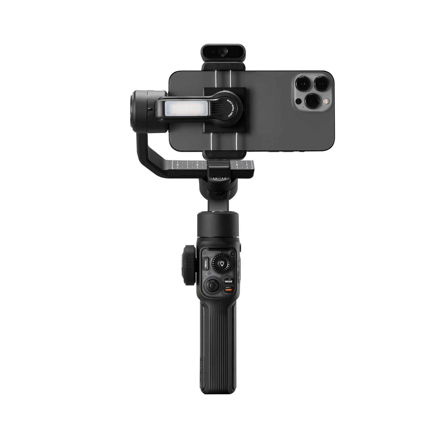 Un stabilisateur de smartphone noir avec téléphone et lumière attachés.