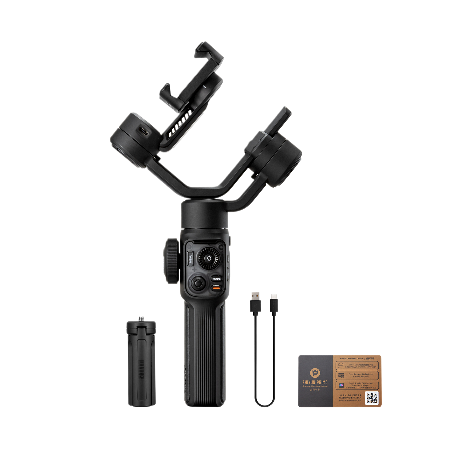 Zwarte ZHIYUN gimbal met accessoires: statief, kabels en kaart.