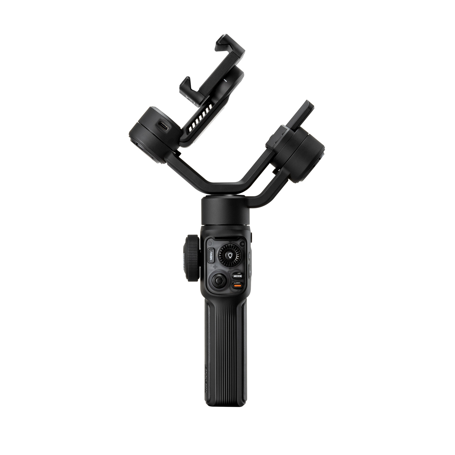 Zwarte gimbal stabilisator met een handvat en knoppen. Telefoonhouder bovenaan.