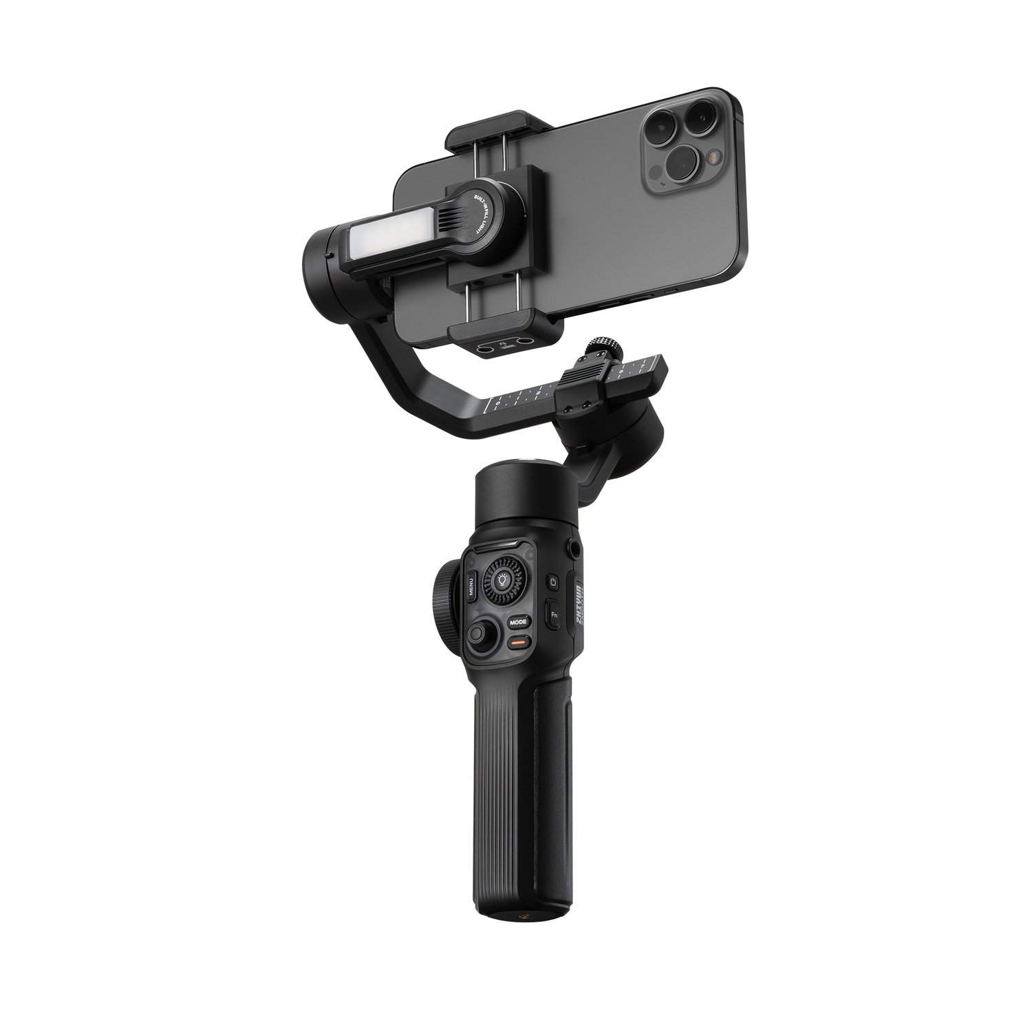 Zwarte smartphone-stabilisator met telefoon. Inclusief lichten. Witte achtergrond.