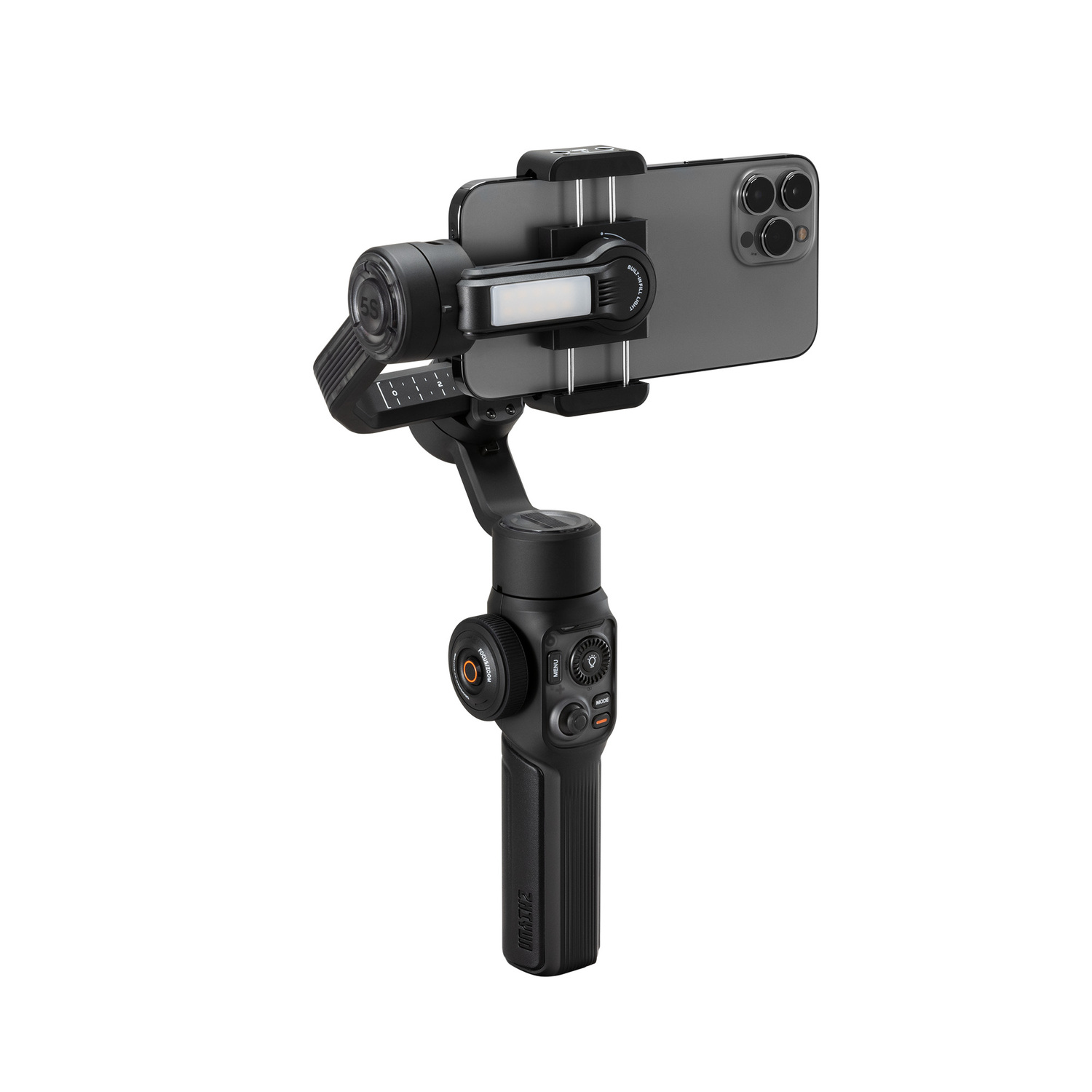 Een zwarte smartphone-stabilisator met een telefoon erop gemonteerd, witte achtergrond.