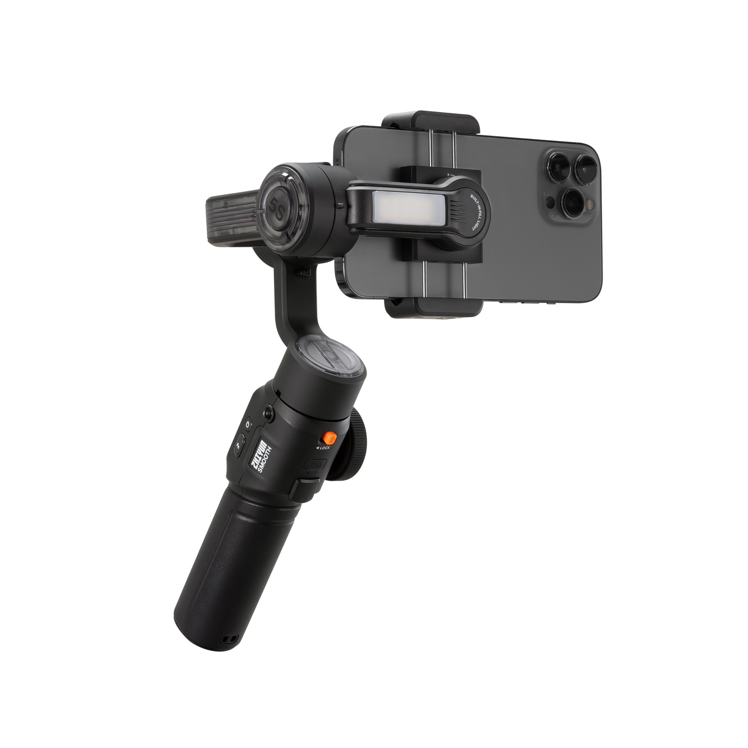 Een zwarte gimbal met een telefoon bevestigd, een lamp en een handvat.