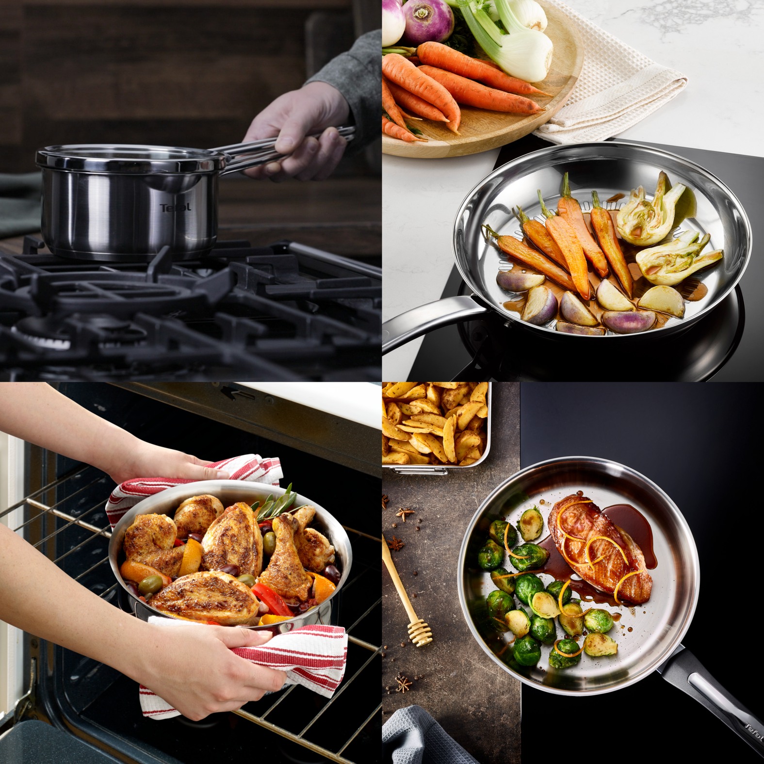 Asortyment potraw gotowanych na patelniach i w garnkach, w tym warzywa i mięso. Ręka trzyma garnek.