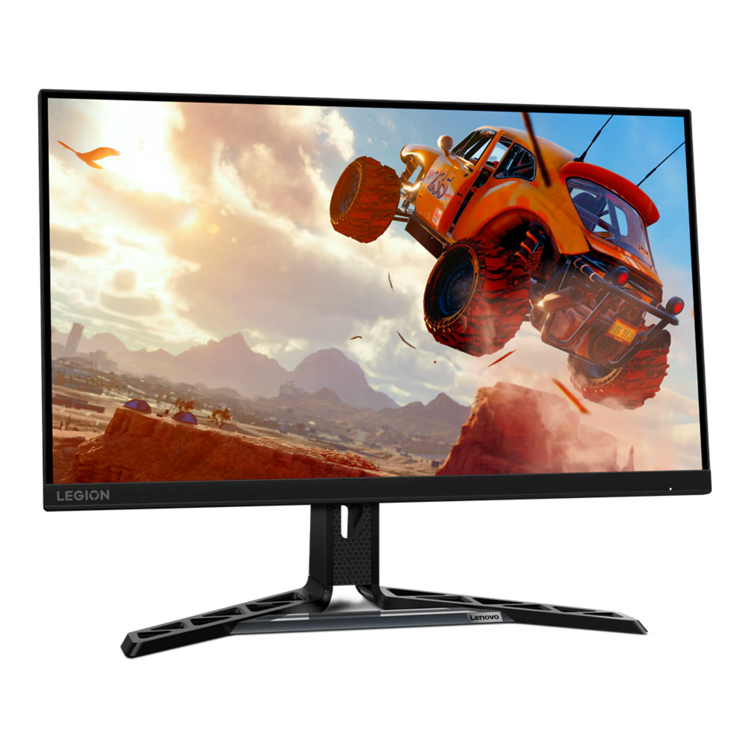 A curved Lenovo gaming monitor displaying a racing car in a desert scene.