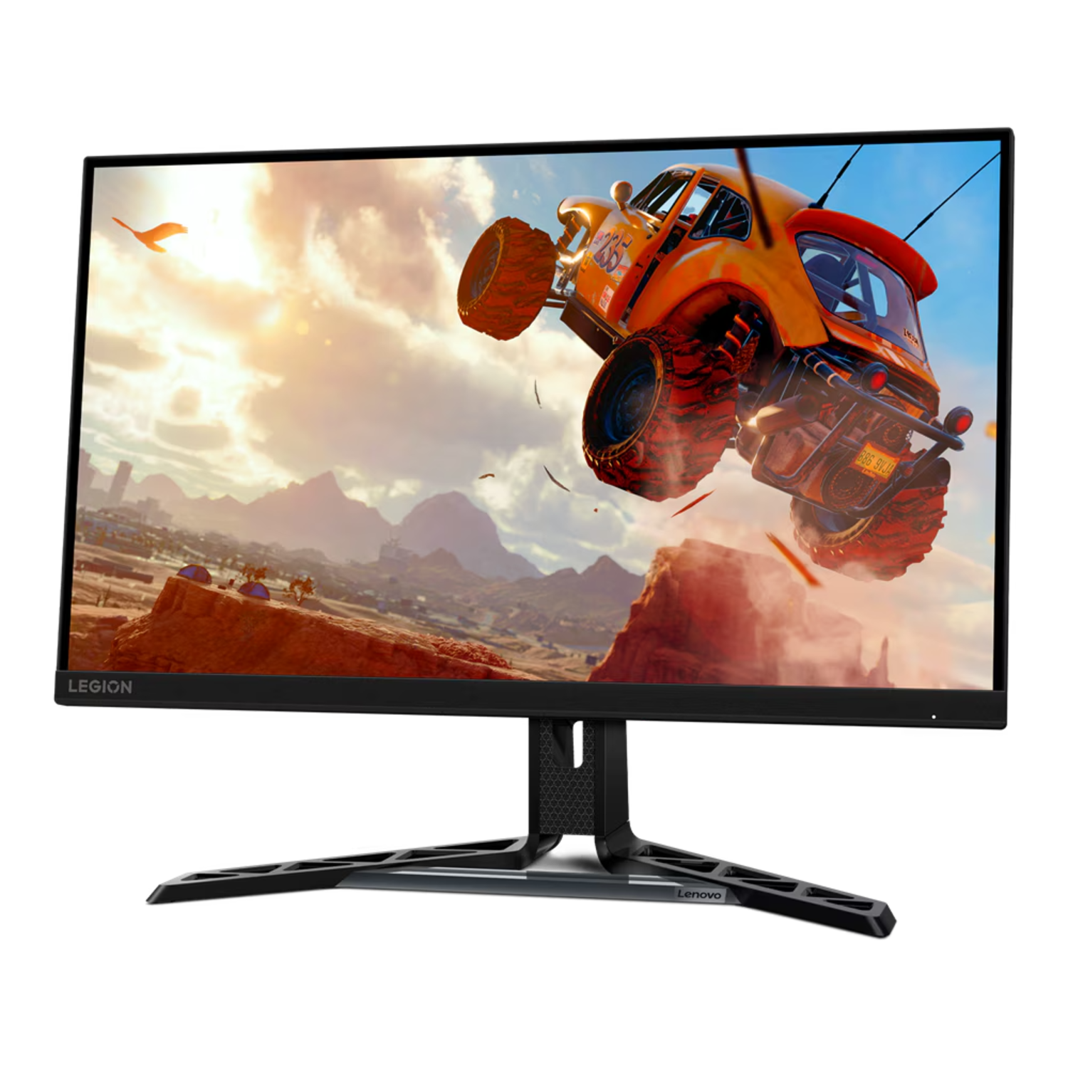 A black gaming monitor with a car on the screen.