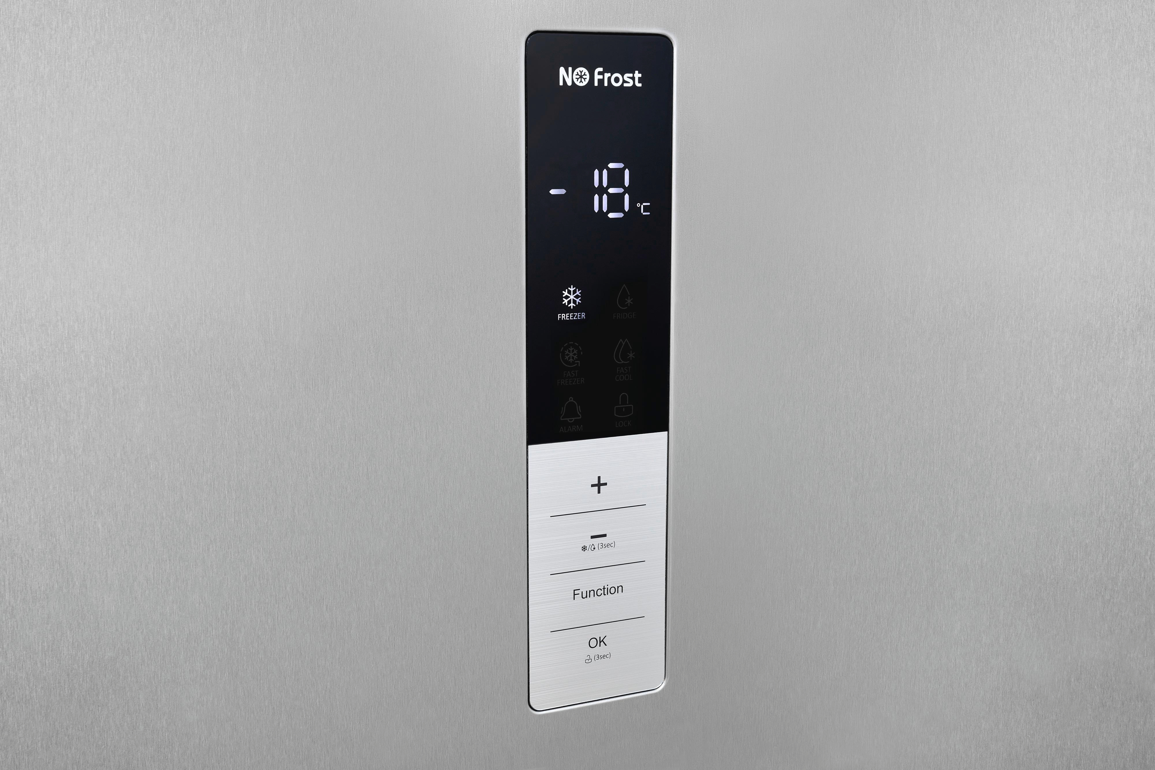 Kühlschrank-Bedienfeld mit Digitalanzeige -18°C. Knöpfe für Gefrierfach, Funktionen sichtbar.