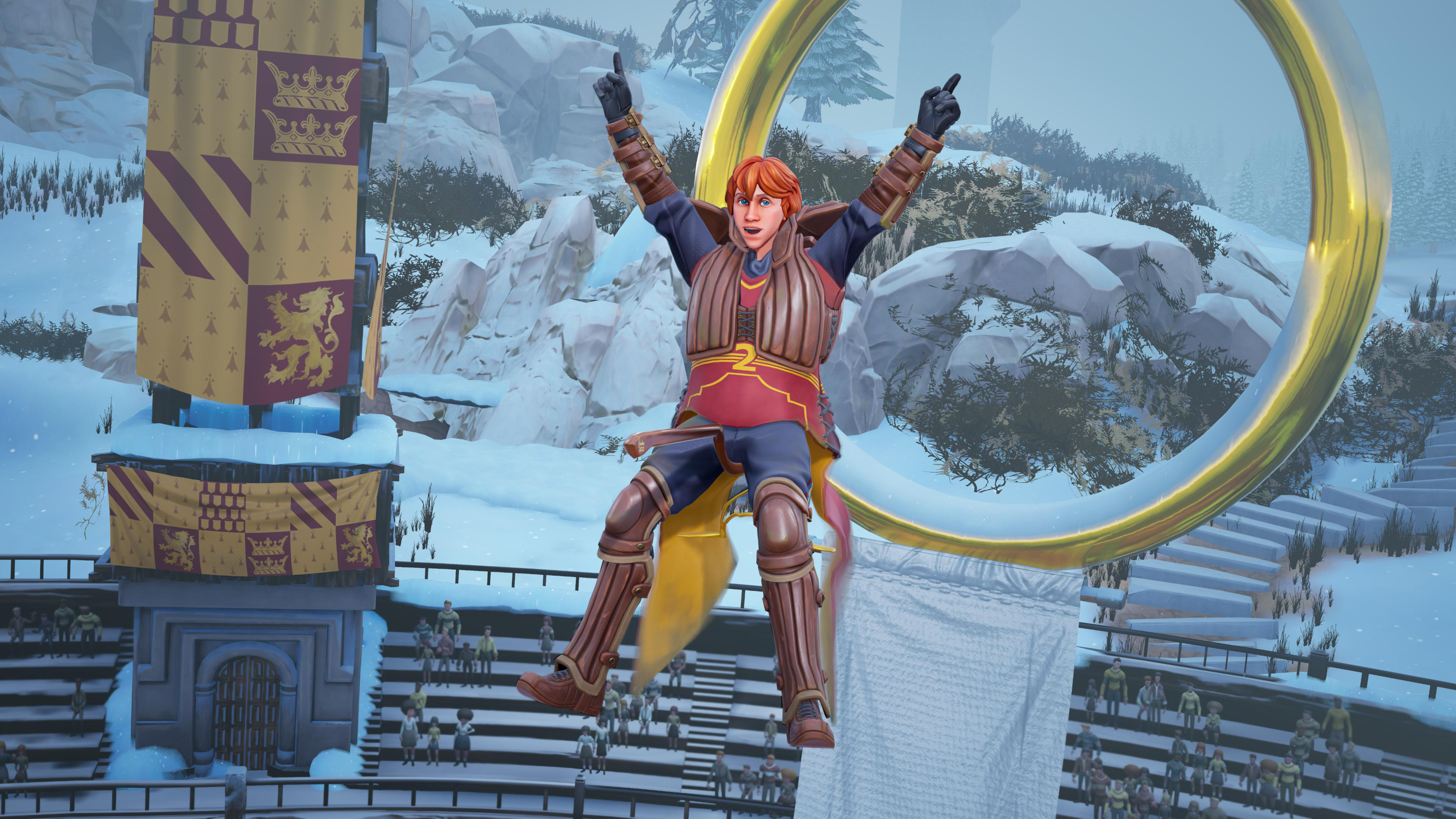 Eine Figur im Spiel feiert ein Quidditch-Tor mit erhobenen Armen.
