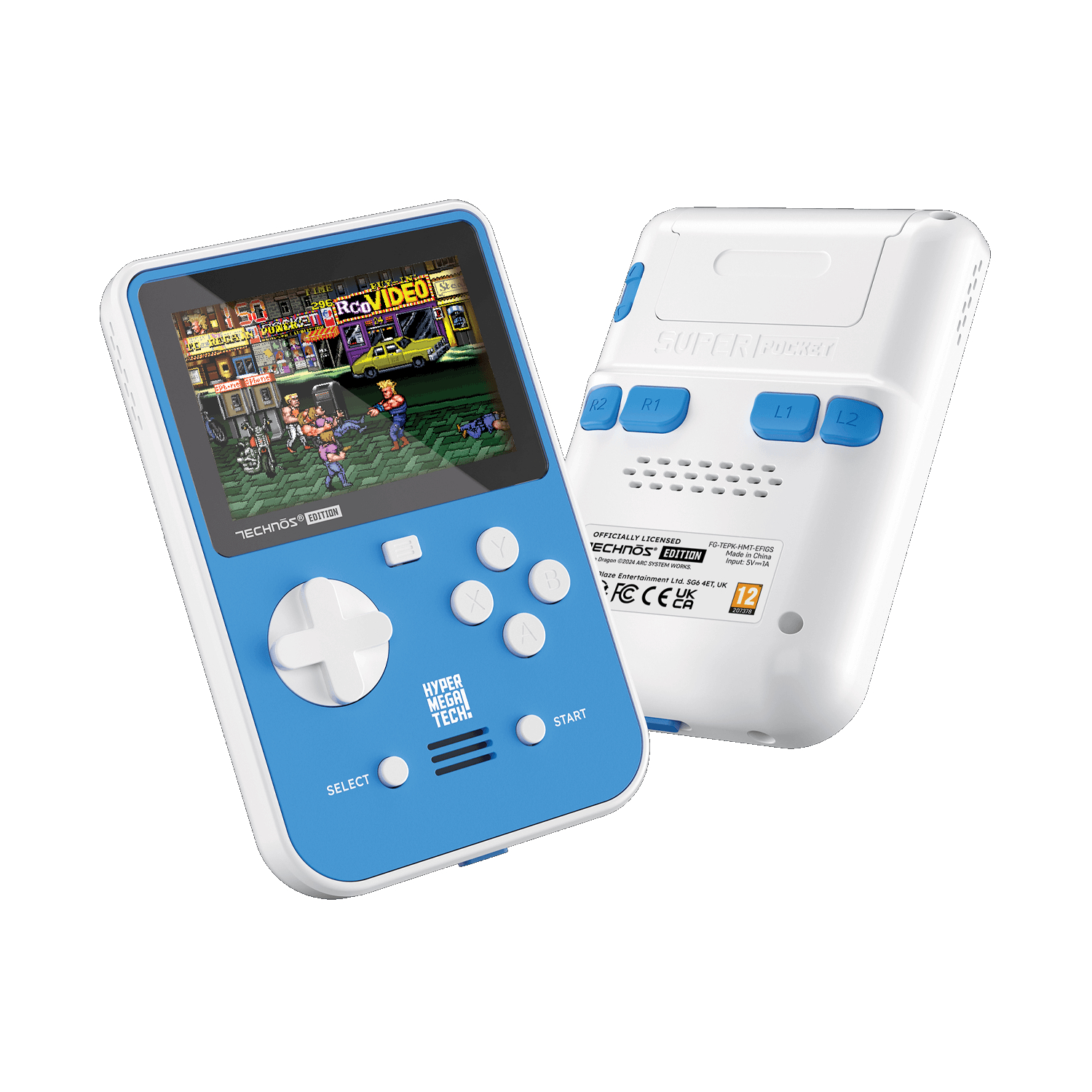 Eine blau-weiße Handheld-Konsole, die einen Spielebildschirm zeigt. Auf der Rückseite befinden sich Tasten.