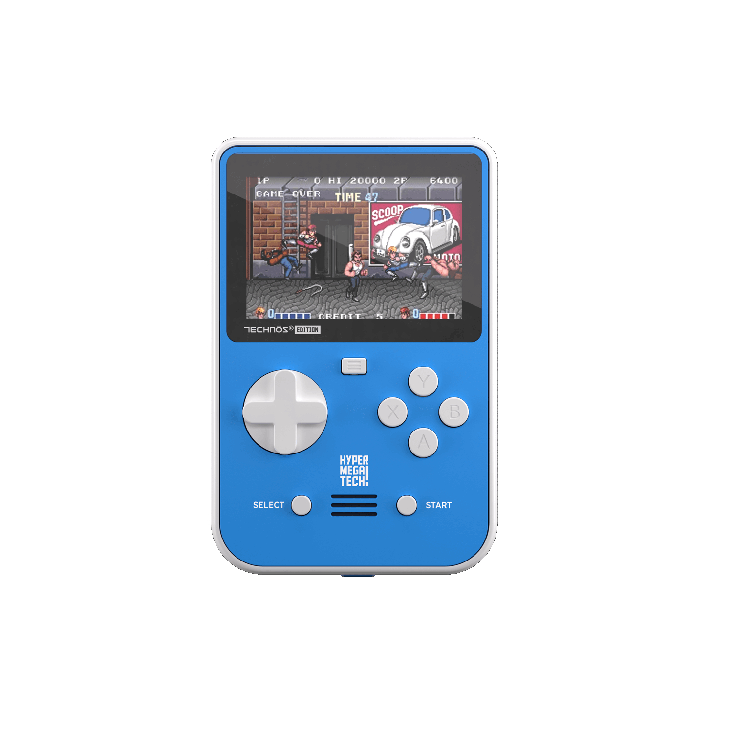 Eine blaue Handheld-Spielkonsole, die ein klassisches Side-Scrolling-Arcade-Spiel anzeigt.