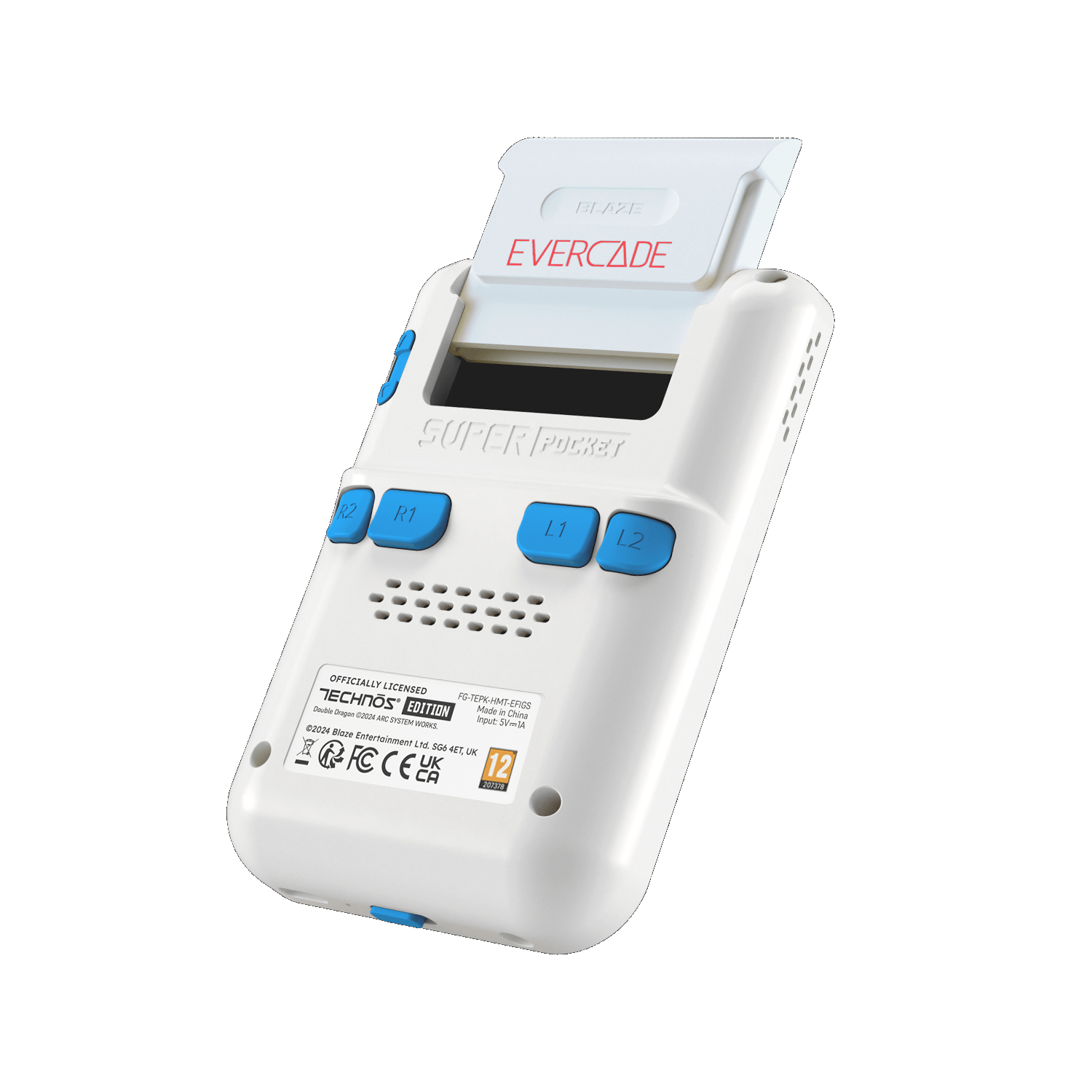 Weiß-blaue Evercade Super Pocket Handheld-Konsole. Cartridge im oberen Schlitz eingesetzt.