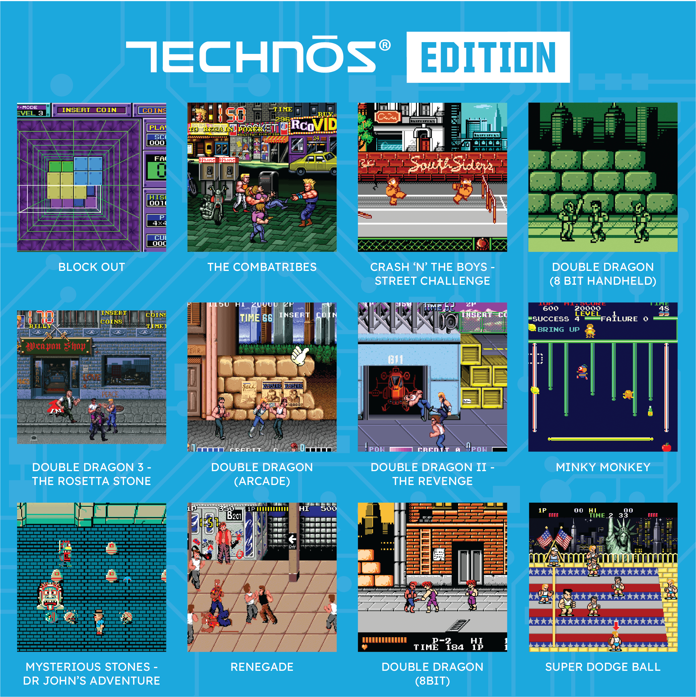 Screenshots von Retro-Arcade-Spielen. Mehrere Spielbildschirme mit dem Text 'Technos Edition' darüber.