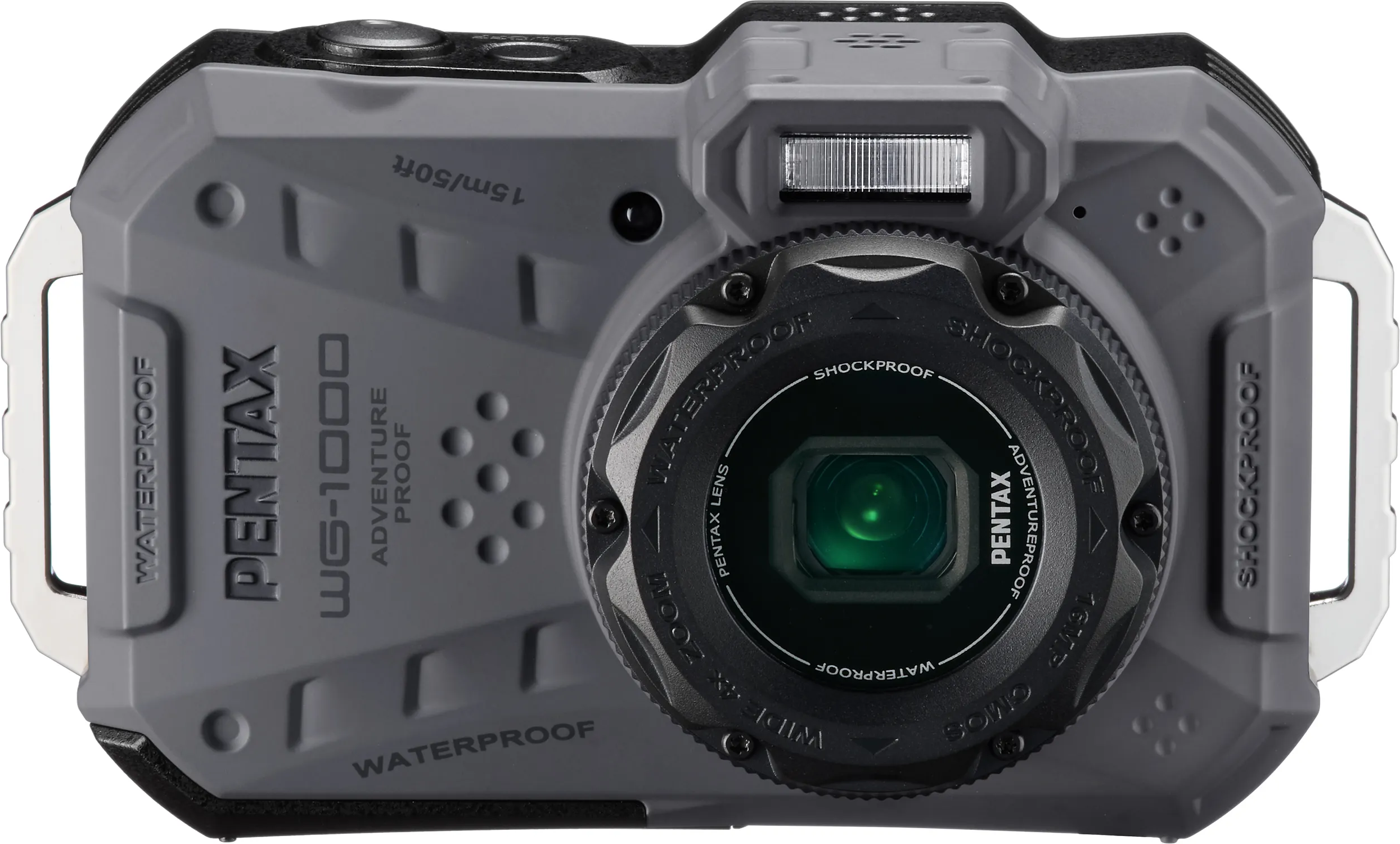 Appareil photo gris Pentax WG-1000 adventure proof. Objectif et texte étanche.