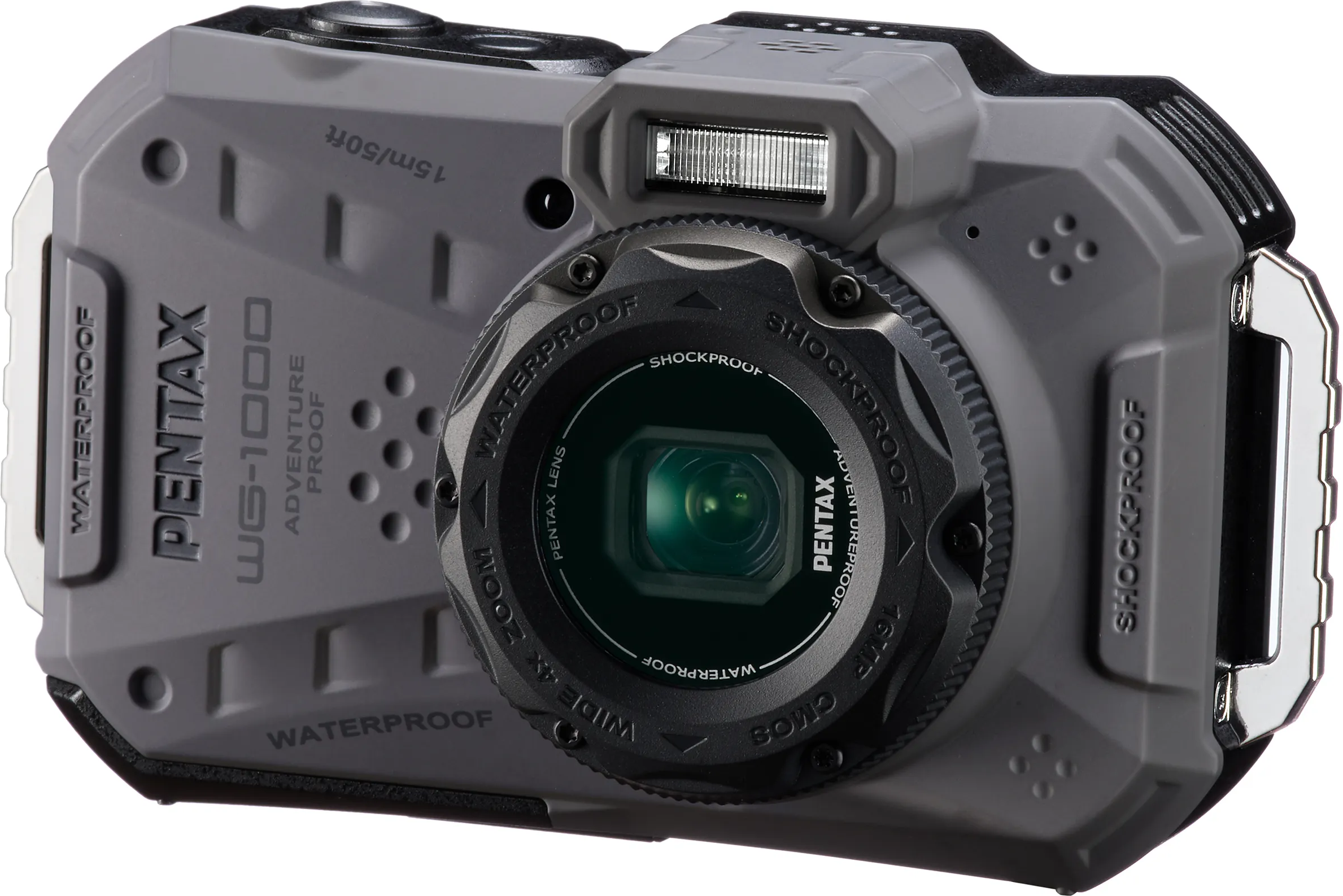 Appareil photo gris Pentax WG-1000 Adventure Proof, gros plan, vue en angle.