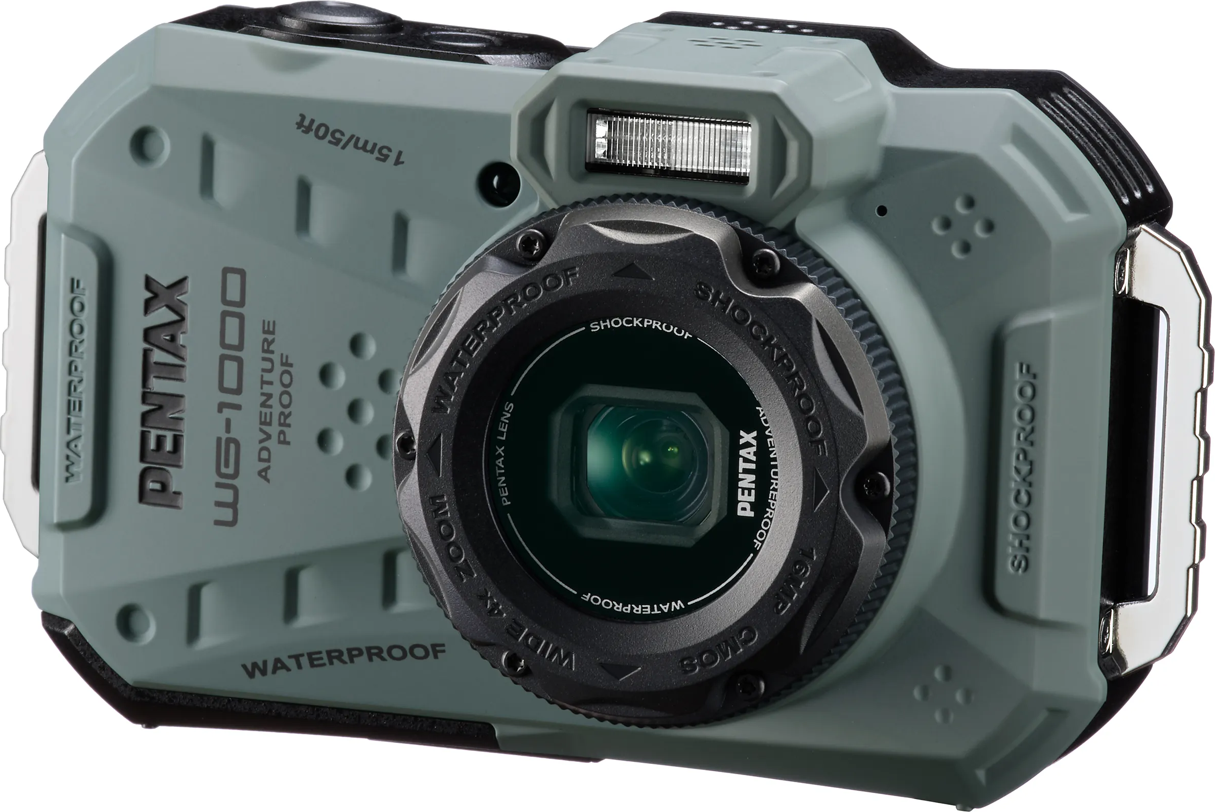 Appareil photo gris Pentax WG-1000 adventure proof. Objectif et texte étanche.