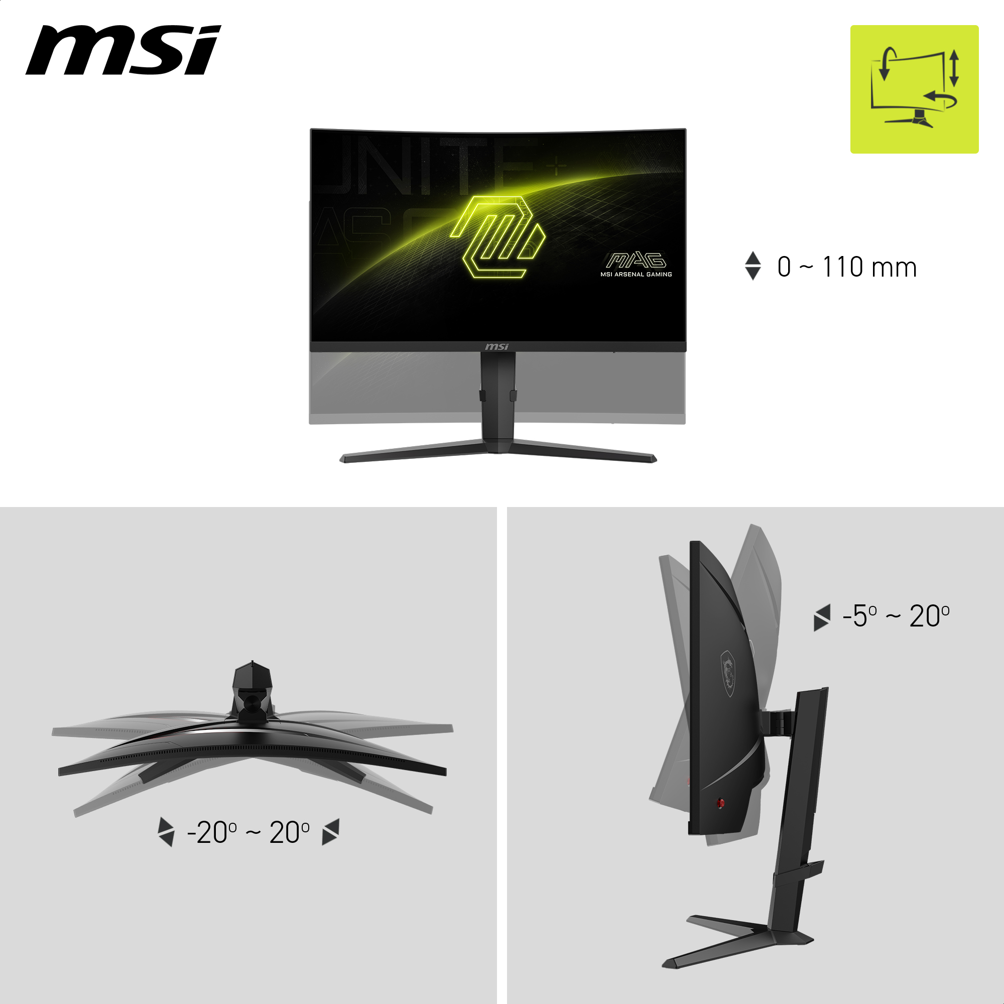 Ein gewölbter Computermonitor auf einem Ständer, mit einstellbarer Höhe und Neigung.