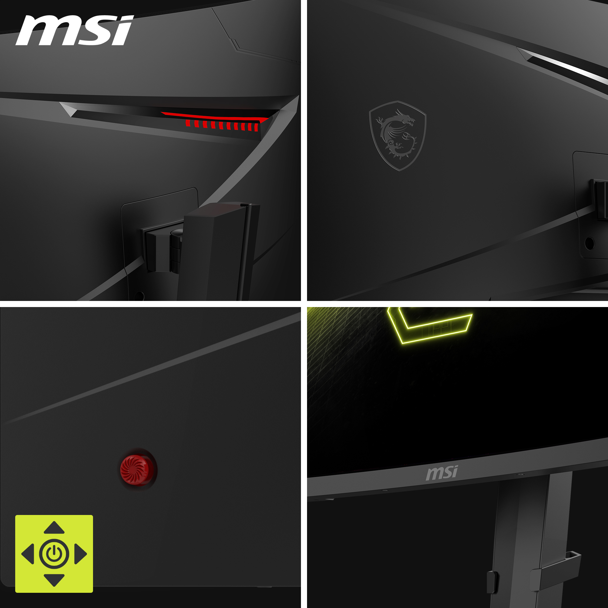 Verschiedene Winkel eines schwarzen MSI-Monitors: Logo, Anschlüsse und Bedienelemente.