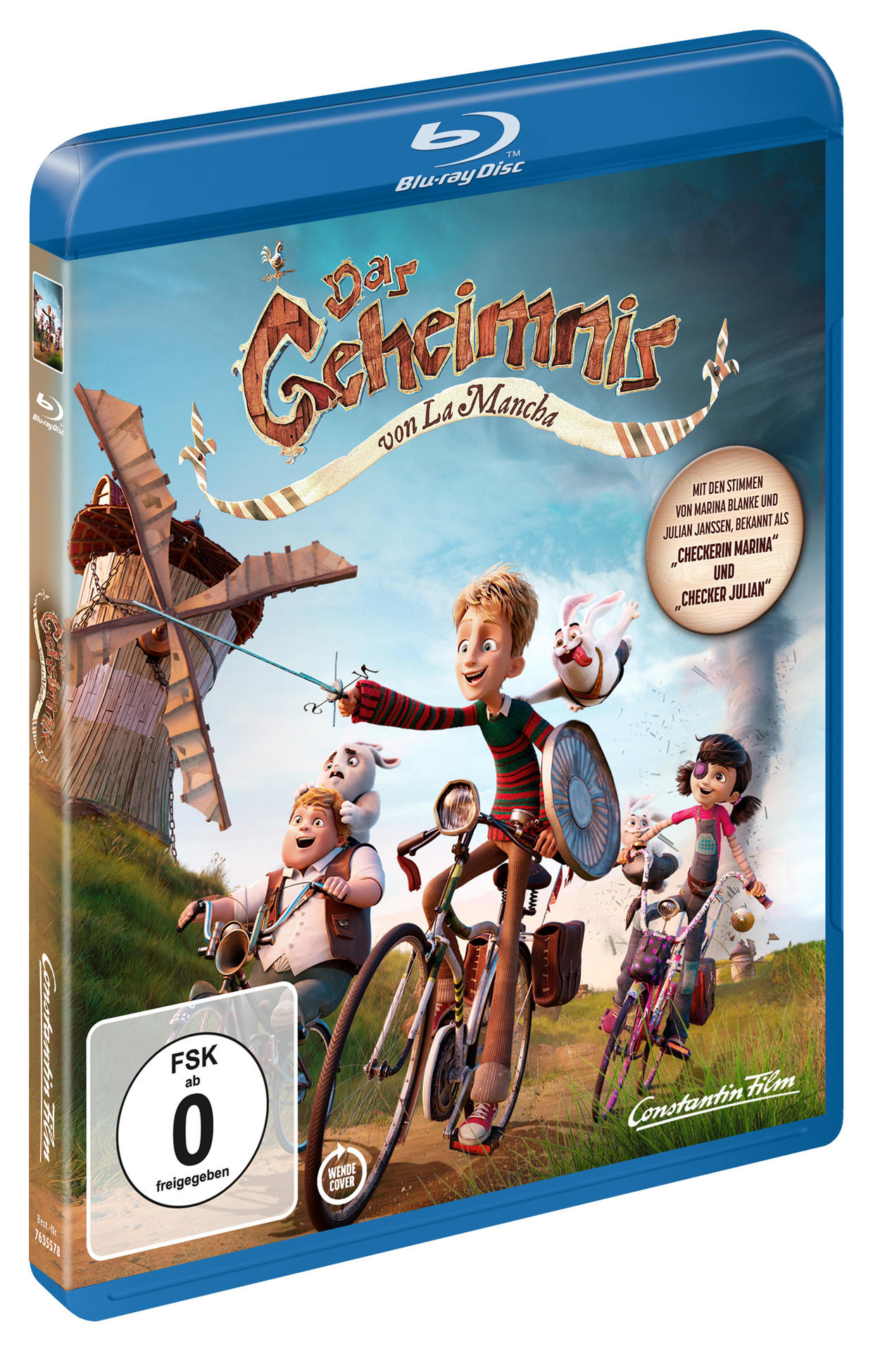 Filmcover mit animierten Figuren auf Fahrrädern, Windmühlen im Hintergrund, blaue Hülle.