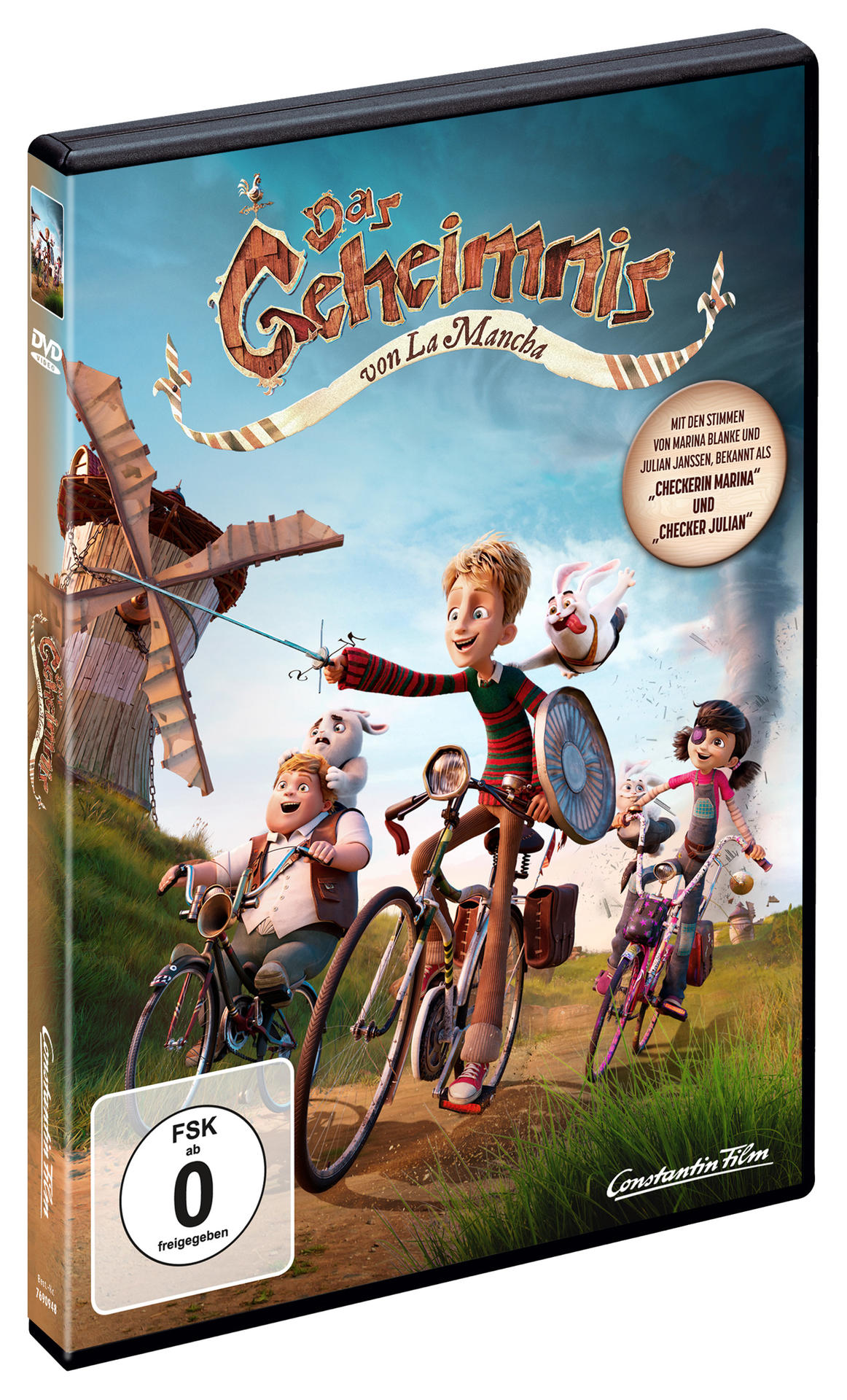 DVD-Hülle mit Cartoon-Figuren auf Fahrrädern, Windmühlenhintergrund. Titel: "Das Geheimnis von La Mancha"