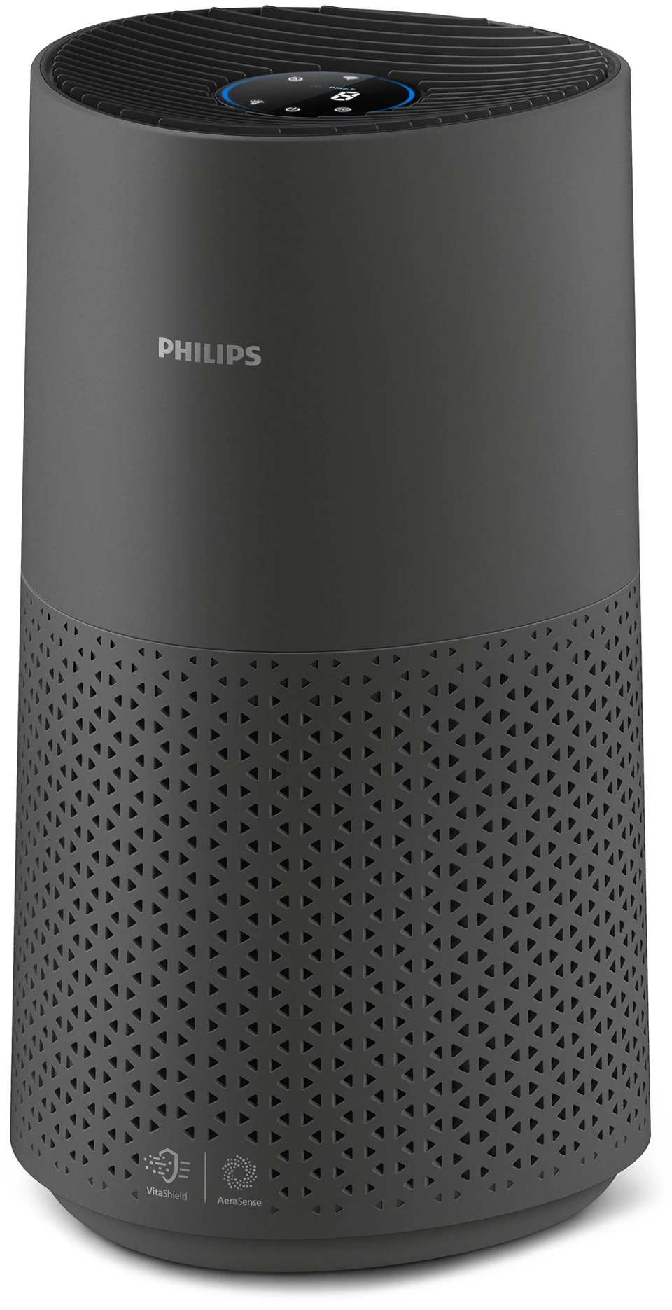 Sötétszürke Philips légtisztító. Perforált alsó része és kijelzője van.