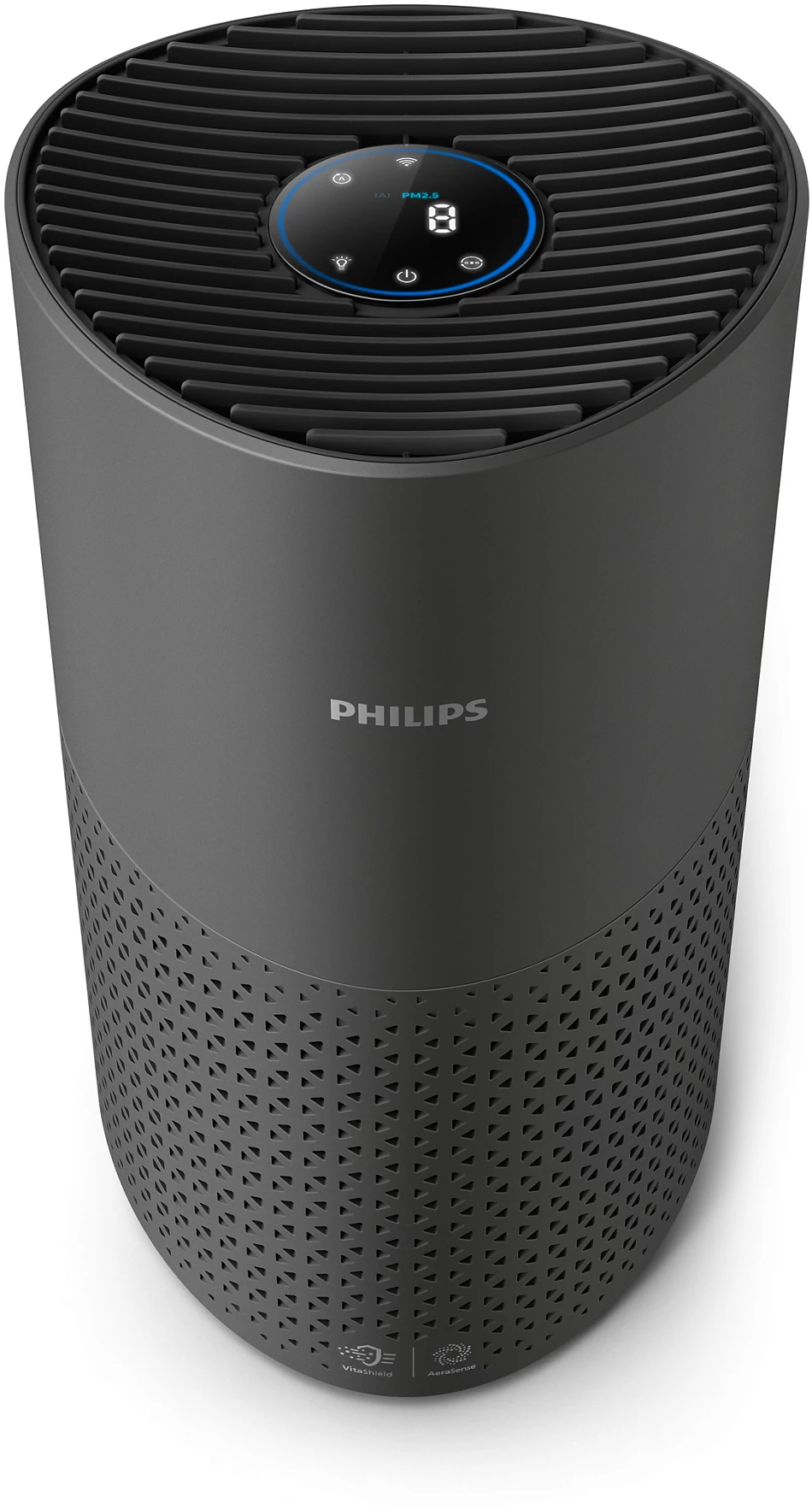 Fekete Philips légtisztító digitális kijelzővel a tetején.
